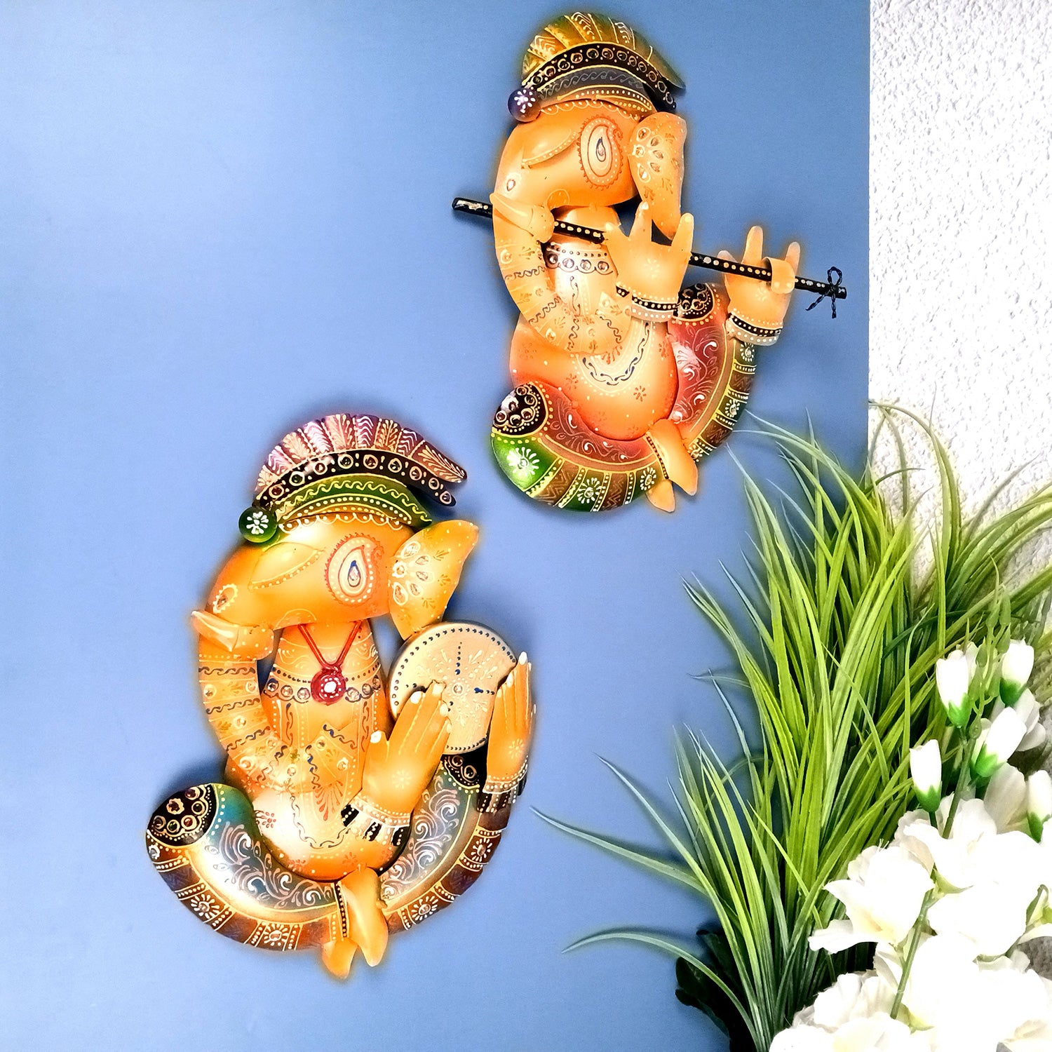 Ganesha Wall Hanging | Decorative Ganesh Wall Art Decor - For Home, Living Room, Bedroom, Hall, Entrance Decoration & Gift - 14 Inch (Pack of 2) - Apkamart #Style_Design 2