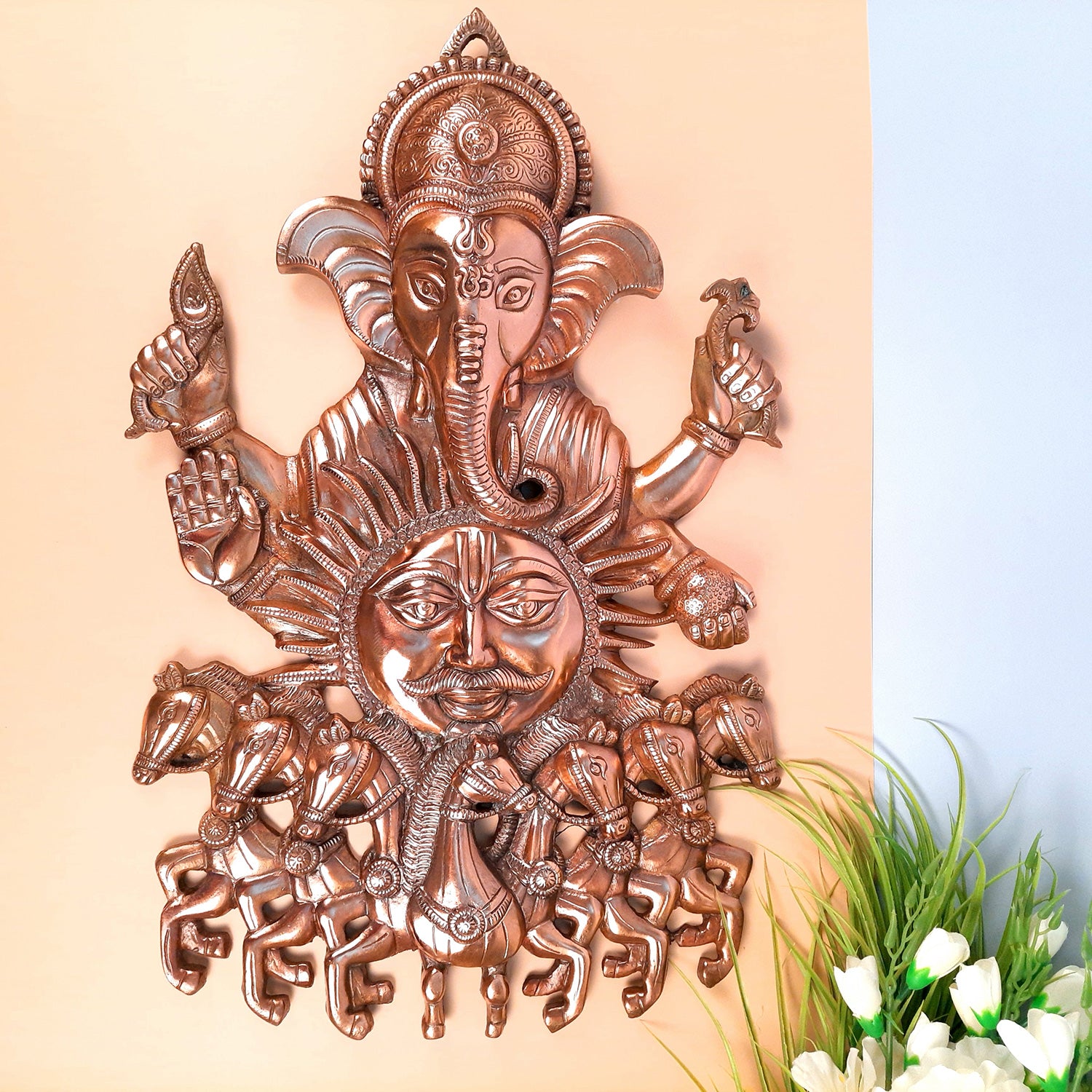 Ganesh With Sun & 7 Horse Wall Hanging | Lord Ganesha With Surya Bhagwan Wall Decor - For Puja, Home & Entrance Living Room & Gift - Apkamart