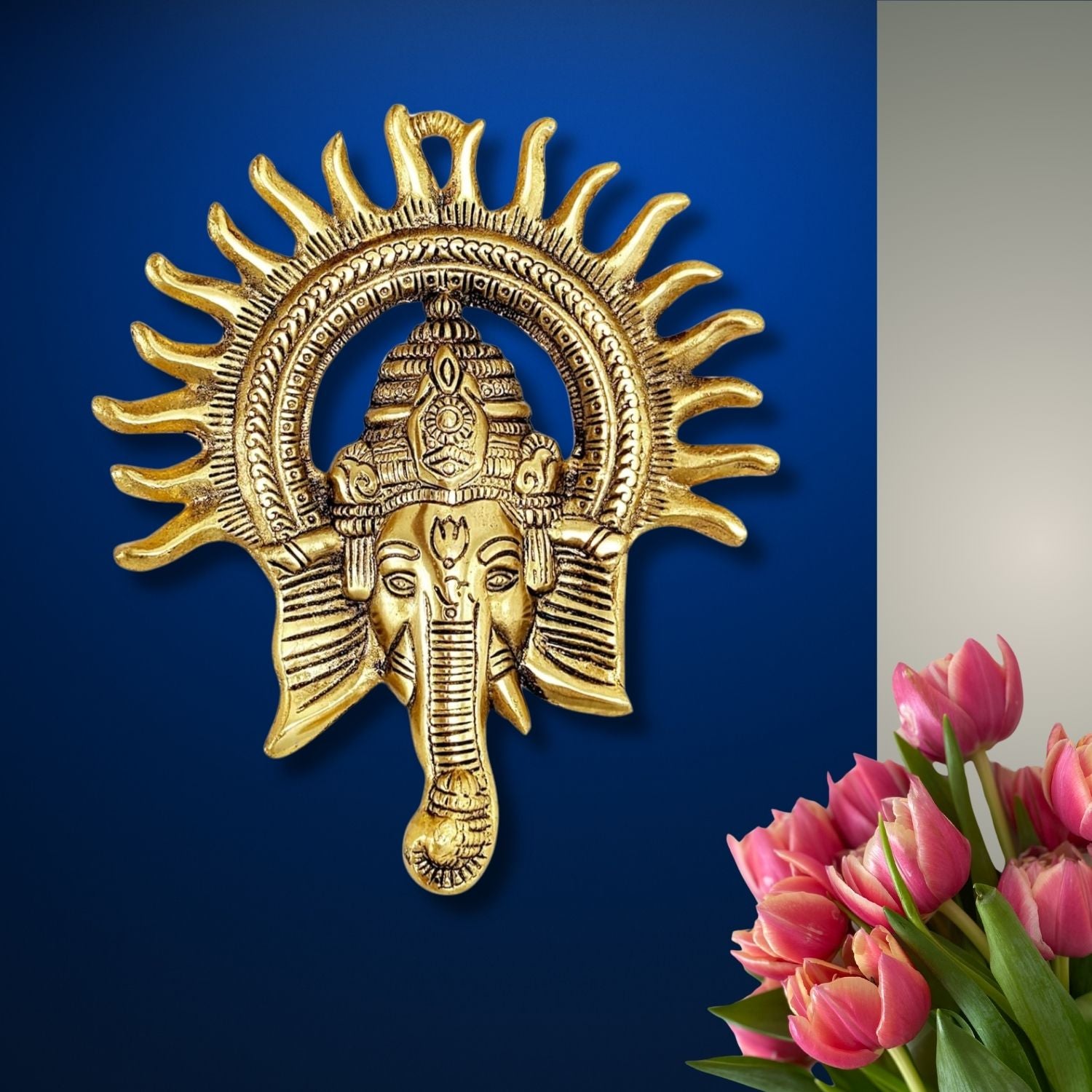 Ganesh Wall Hanging Statue | Ganesha Face With Sun Wall Idol - for Home Entrance & Main Door - For Puja, Living Room Decor & Gift - 8 Inch - Apkamart