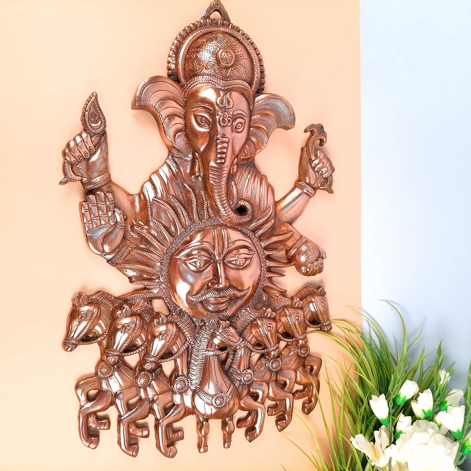 Ganesh With Sun & 7 Horse Wall Hanging | Lord Ganesha With Surya Bhagwan Wall Decor - For Puja, Home & Entrance Living Room & Gift - Apkamart