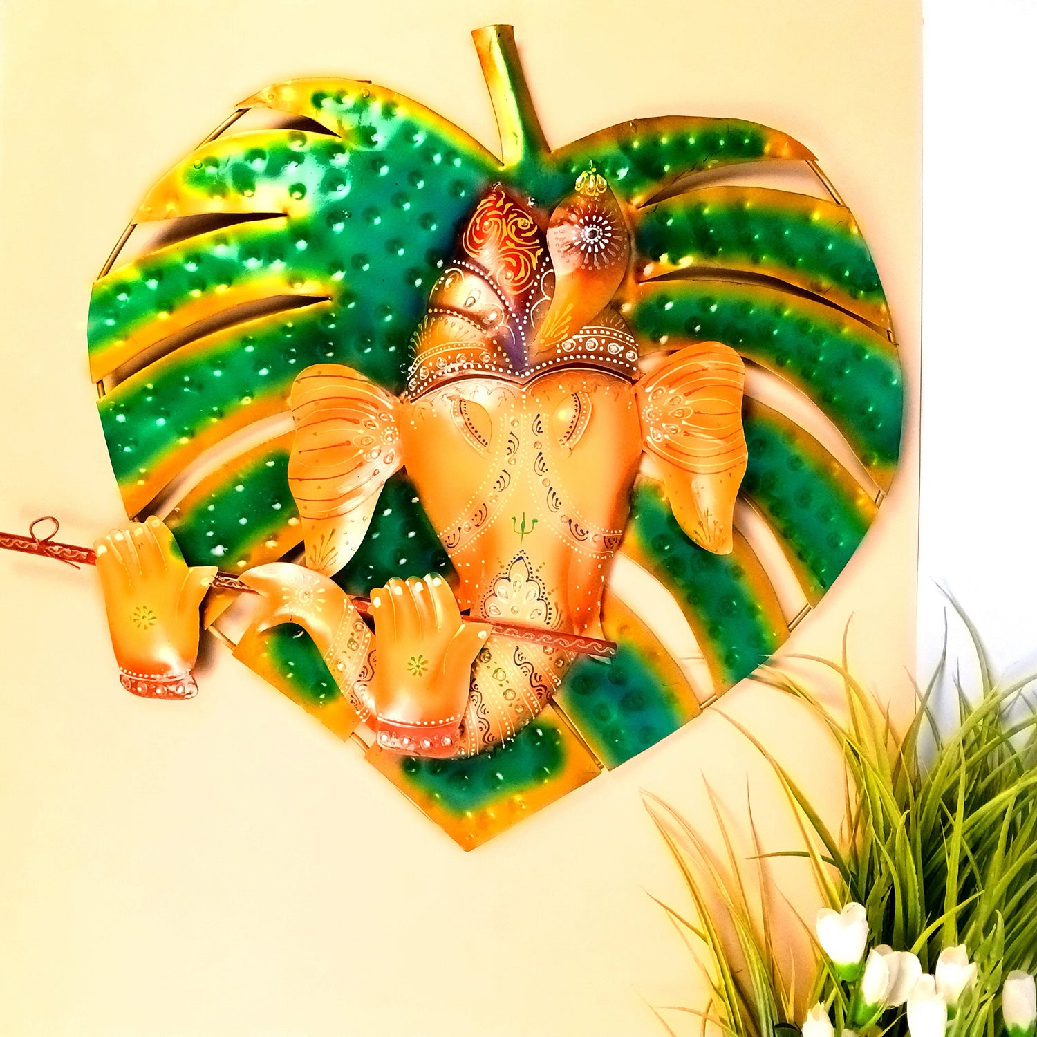 Ganesha Wall Hanging - Leaf Design | Decorative Wall Showpiece Decor - For Home, Living Room, Bedroom, Hall, Entrance Decoration & Gift - 22 Inch - Apkamart