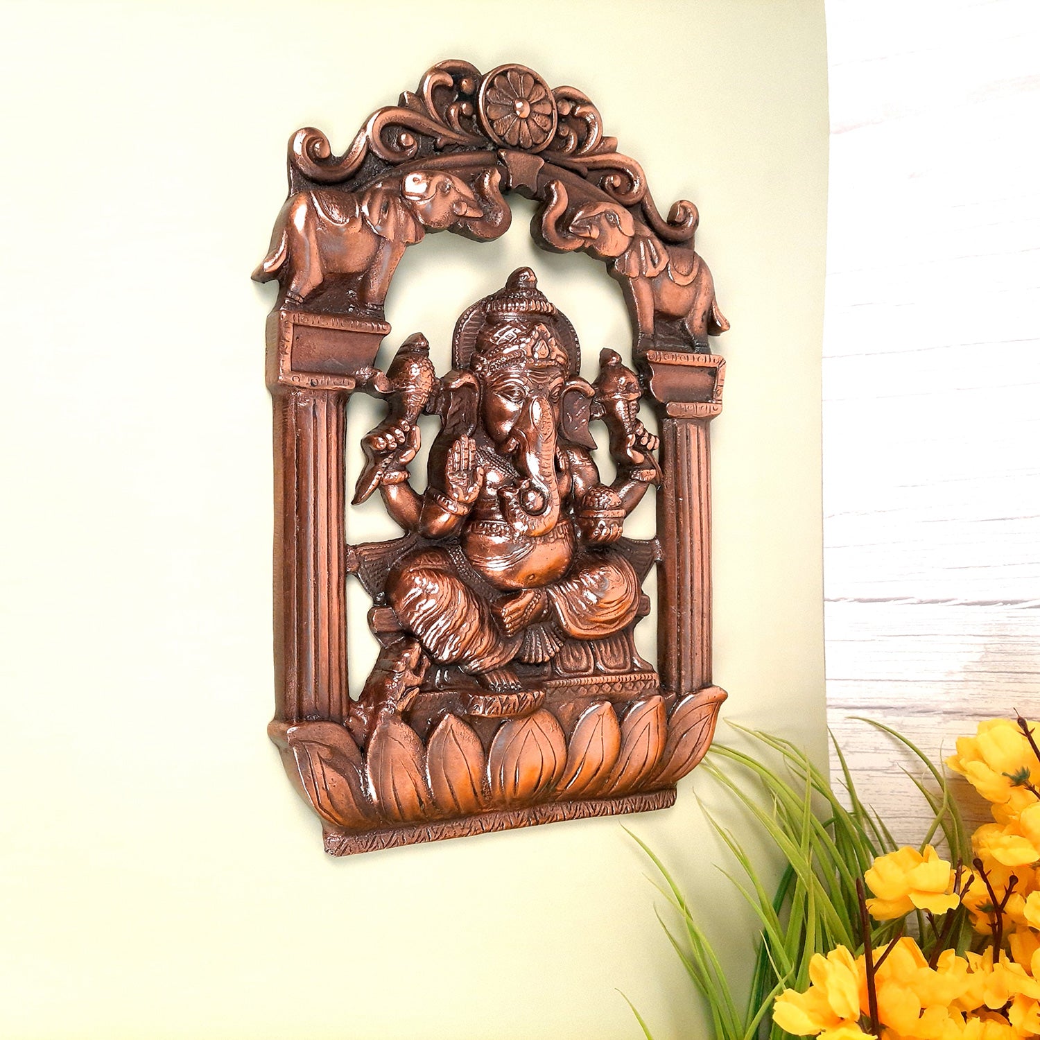 Lord Ganesh Wall Hanging Idol | Metal Ganesha Wall Statue Decor for Main Gate | Ganpati Murti for Home, Puja & Religious Decor & Gift - 14 Inch - apkamart