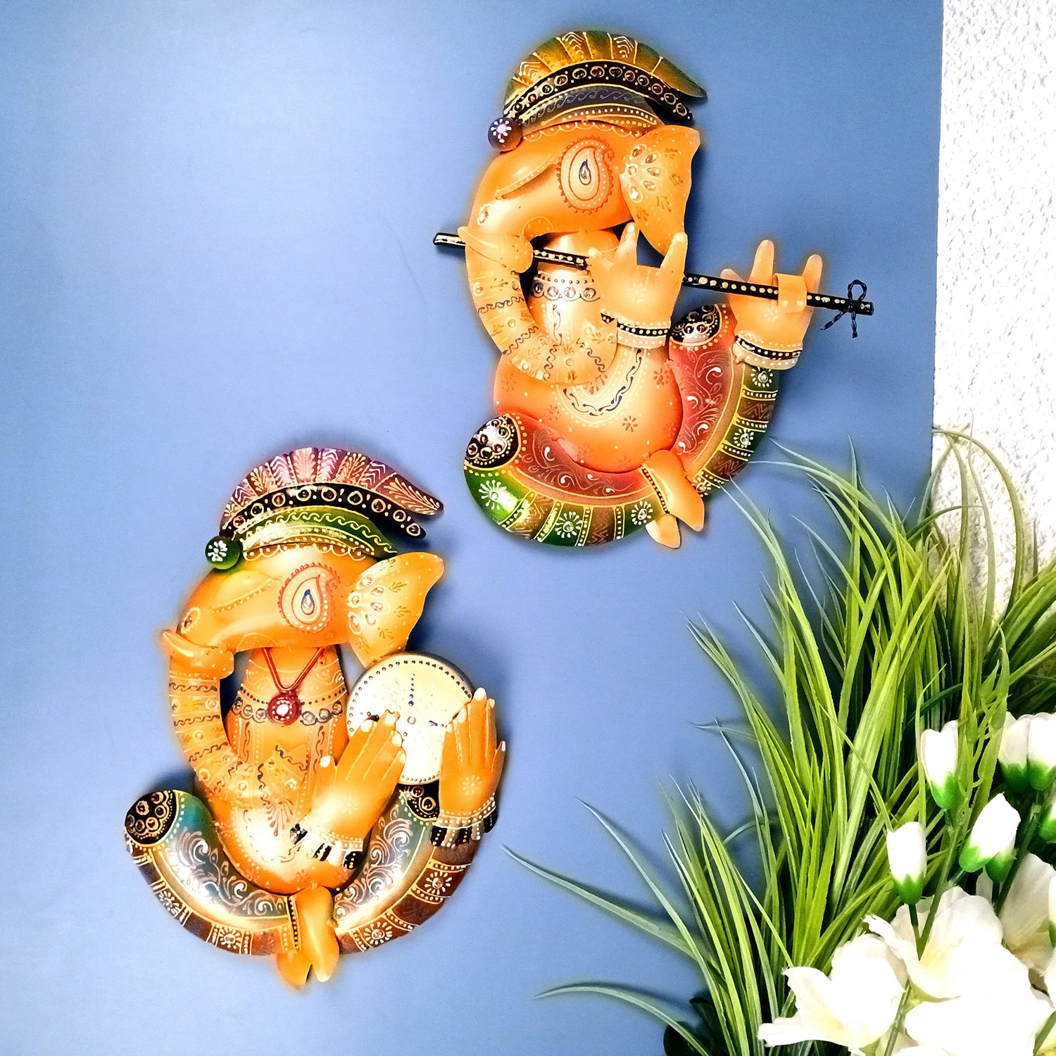 Ganesha Wall Hanging | Decorative Ganesh Wall Art Decor - For Home, Living Room, Bedroom, Hall, Entrance Decoration & Gift - 14 Inch (Pack of 2) - Apkamart #Style_Design 2