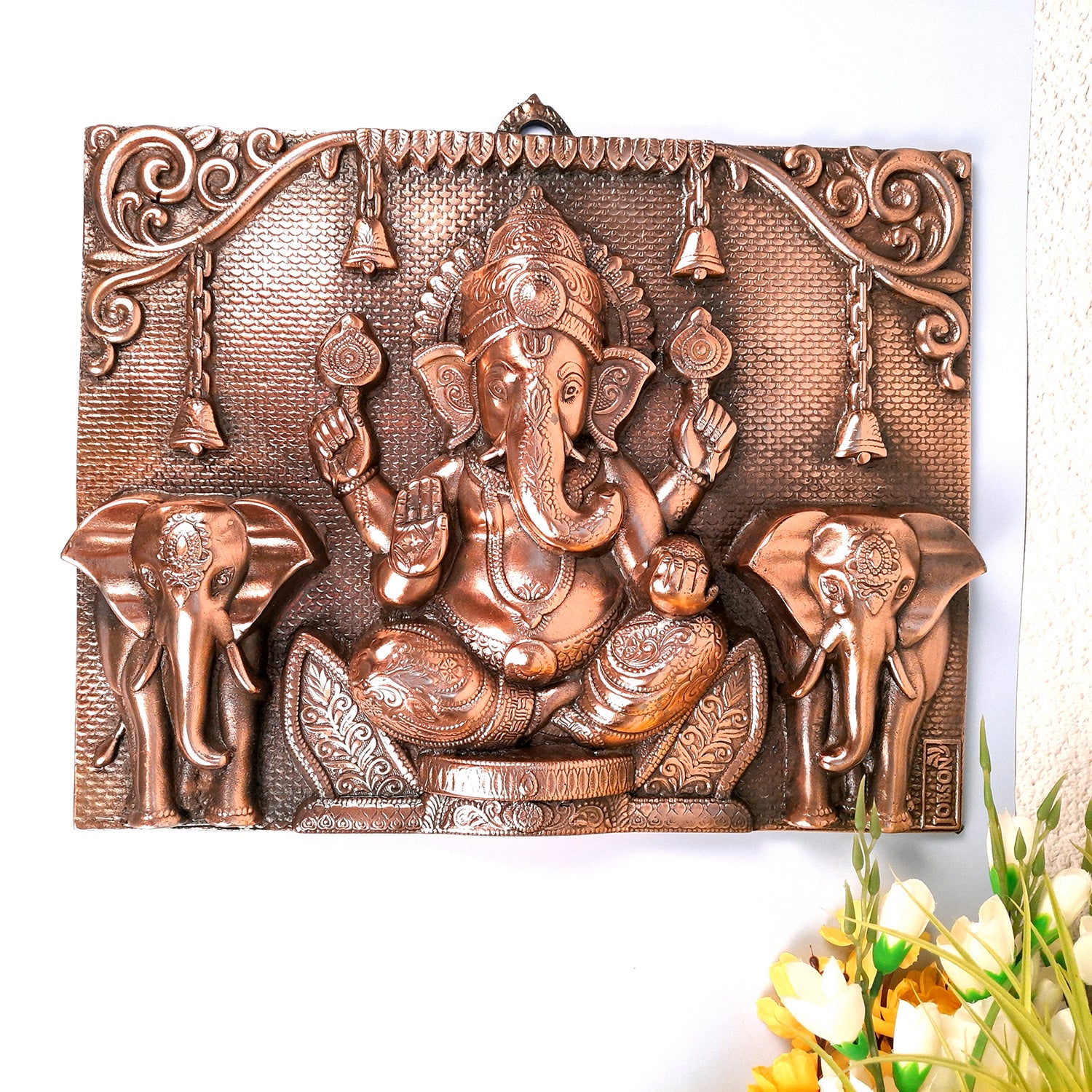 Ganesh Wall Hanging Statue With Elephants | Lord Ganesha Wall Art - for Home, Puja, Living Room & Office | Religious & Spiritual Decor - 17 inch - apkamart