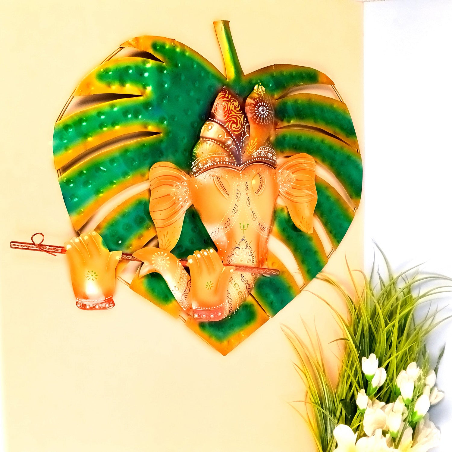 Ganesha Wall Hanging - Leaf Design | Decorative Wall Showpiece Decor - For Home, Living Room, Bedroom, Hall, Entrance Decoration & Gift - 22 Inch - Apkamart