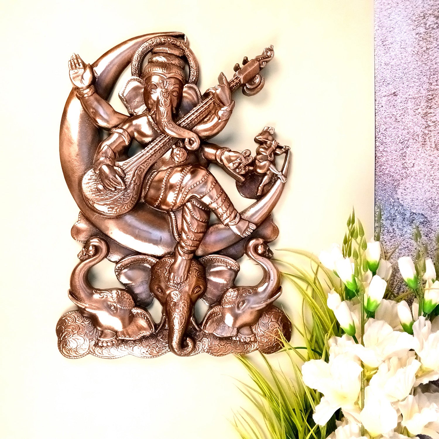 Ganesh Idol Wall Hanging | Lord Ganesha Sitting on Moon Wall Statue Decor - For Puja, Home, Entrance, Living Room & Gift - 17 Inch - Apkamart