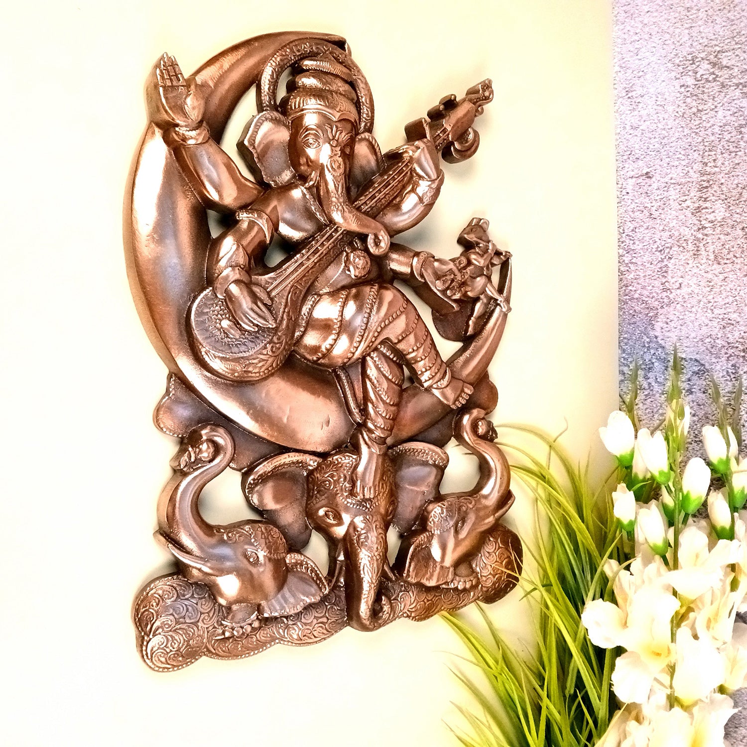 Ganesh Idol Wall Hanging | Lord Ganesha Sitting on Moon Wall Statue Decor - For Puja, Home, Entrance, Living Room & Gift - 17 Inch - Apkamart