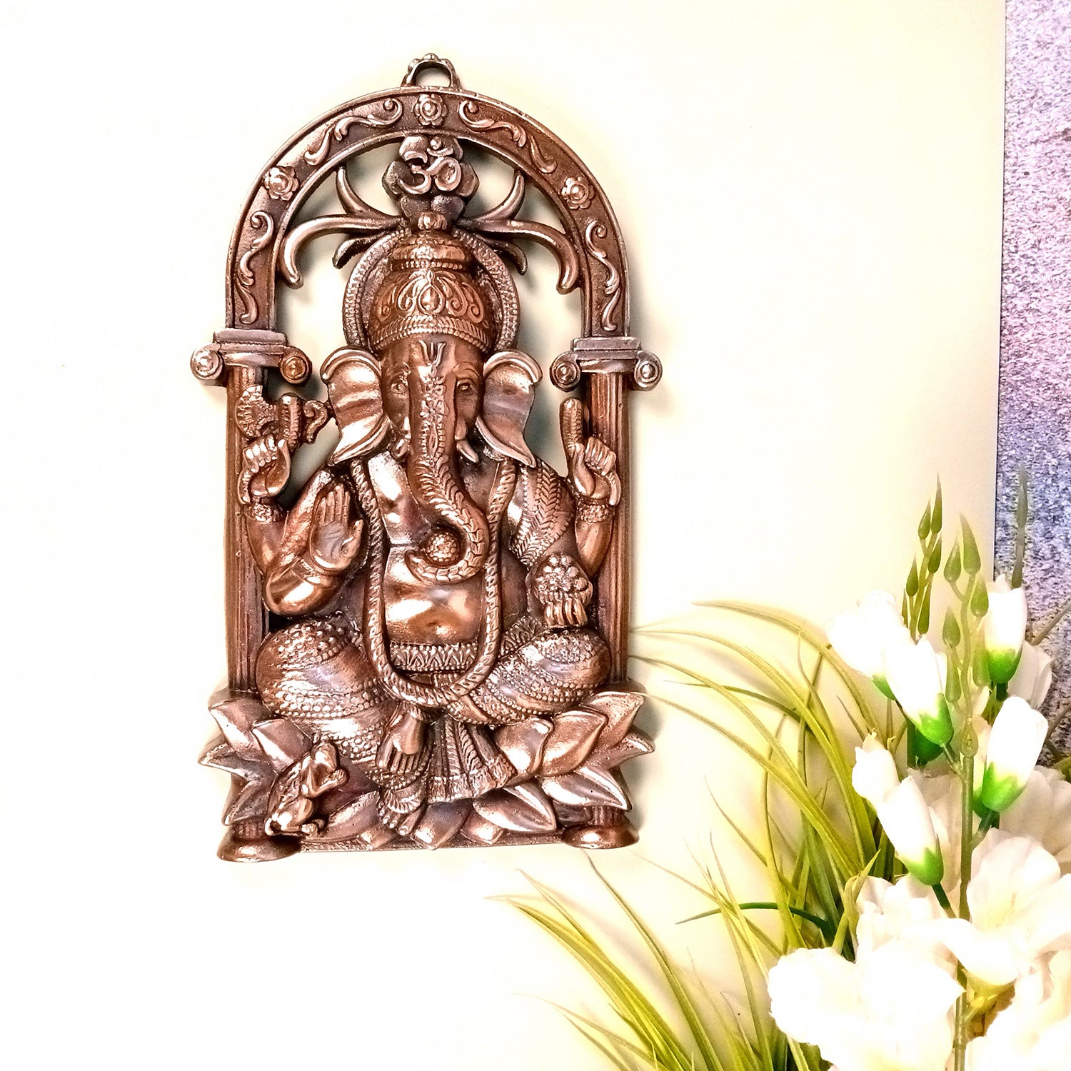 Ganesh Idol Wall Hanging | Lord Ganesha With Lotus / Kamal Wall Statue Decor - For Puja, Home, Entrance, Living Room & Gift - 14 Inch - Apkamart