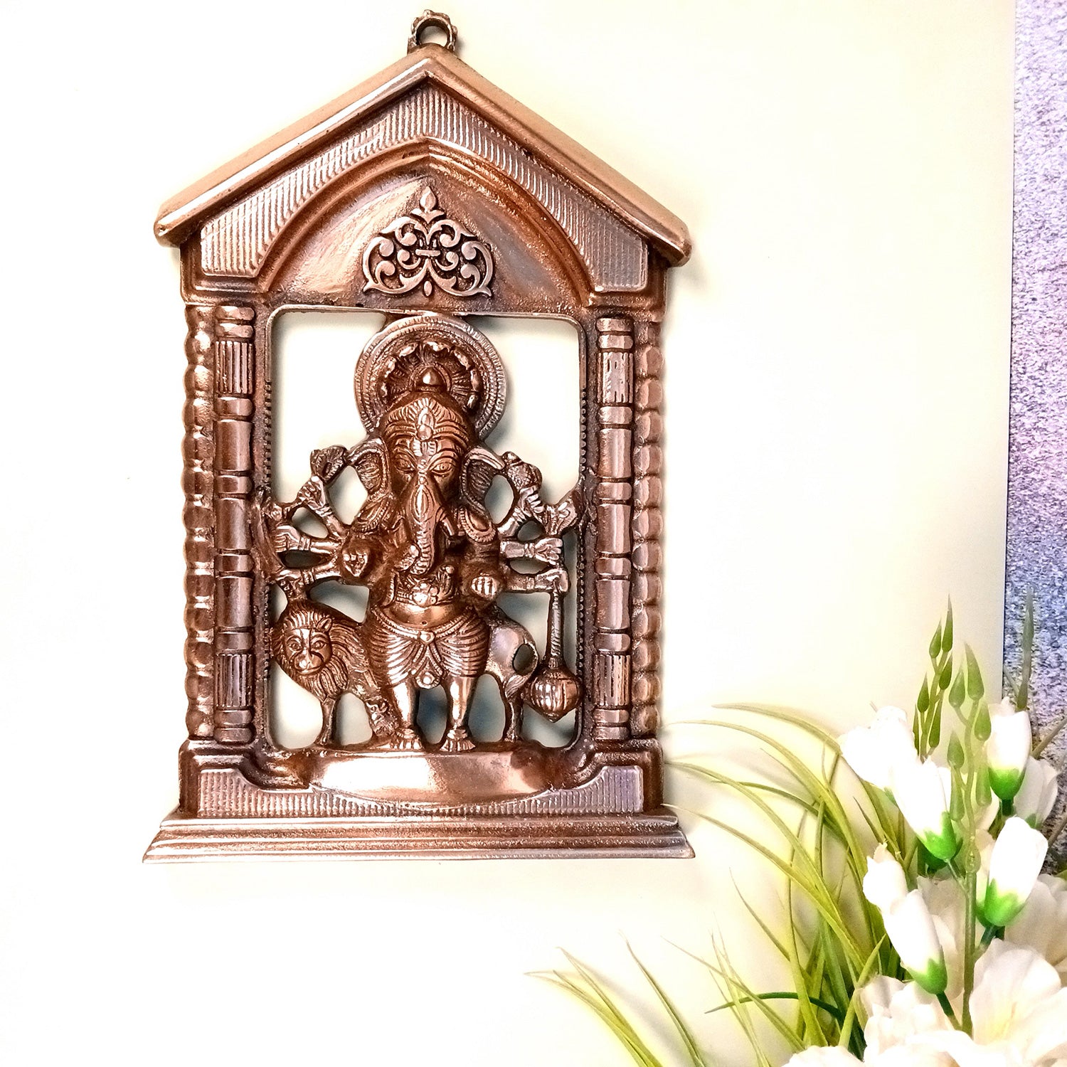 Ganesh Idol Wall Hanging | Lord Ganesha Sitting on Lion Wall Statue Decor - For Puja, Home, Entrance, Living Room & Gift - 16 Inch - Apkamart