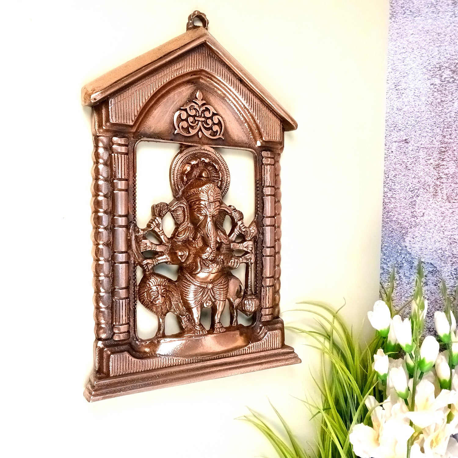 Ganesh Idol Wall Hanging | Lord Ganesha Sitting on Lion Wall Statue Decor - For Puja, Home, Entrance, Living Room & Gift - 16 Inch - Apkamart