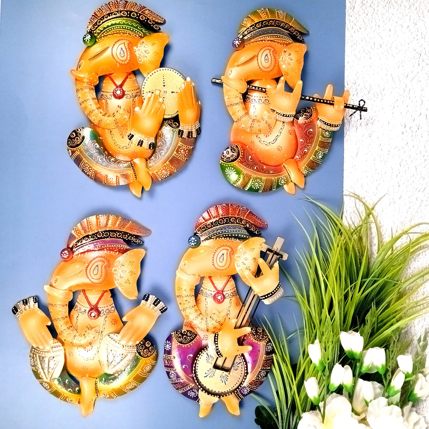 Ganesh Wall Hanging | Decorative Ganesha Wall Art - For Home, Living Room, Bedroom, Hall, Entrance Decoration & Gift - 14 Inch (Pack of 4) - Apkamart