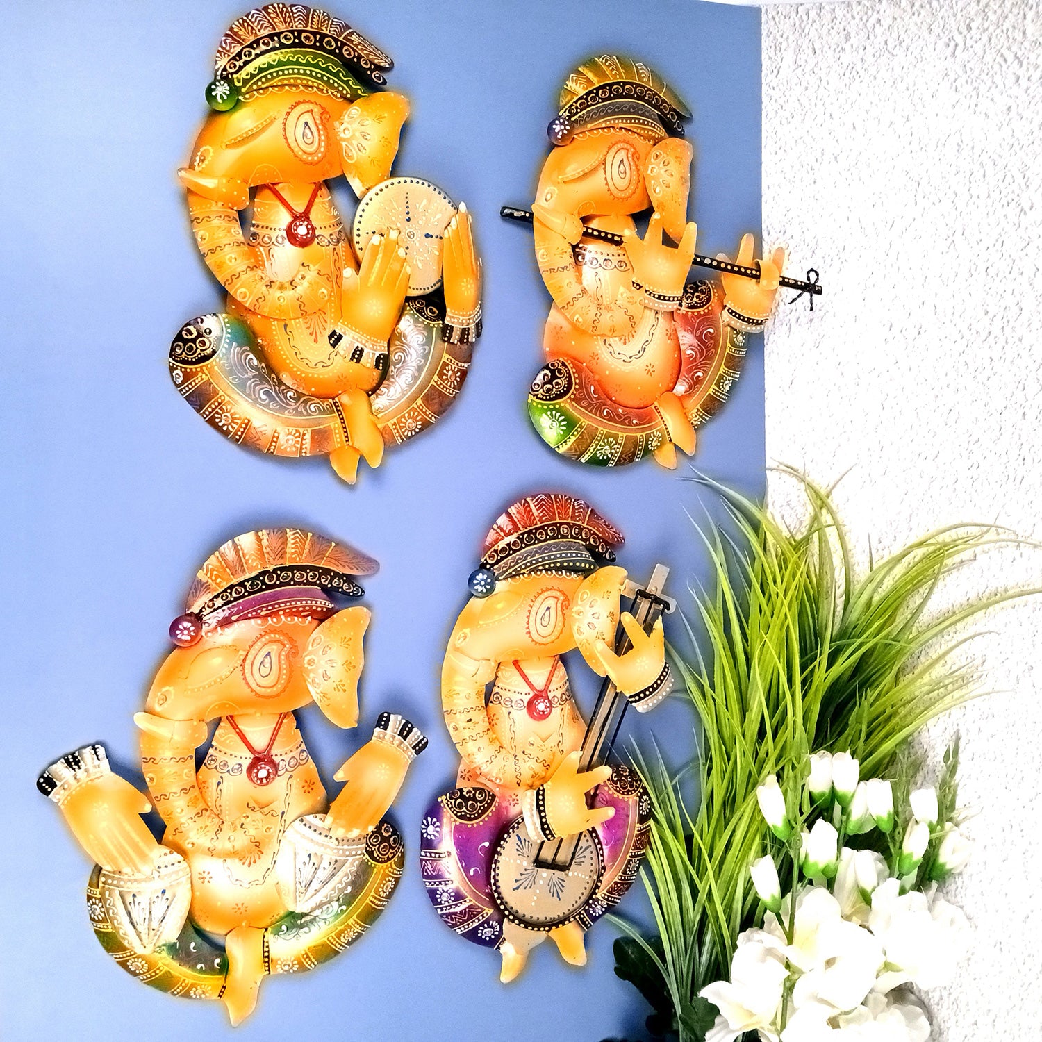 Ganesh Wall Hanging | Decorative Ganesha Wall Art - For Home, Living Room, Bedroom, Hall, Entrance Decoration & Gift - 14 Inch (Pack of 4) - Apkamart