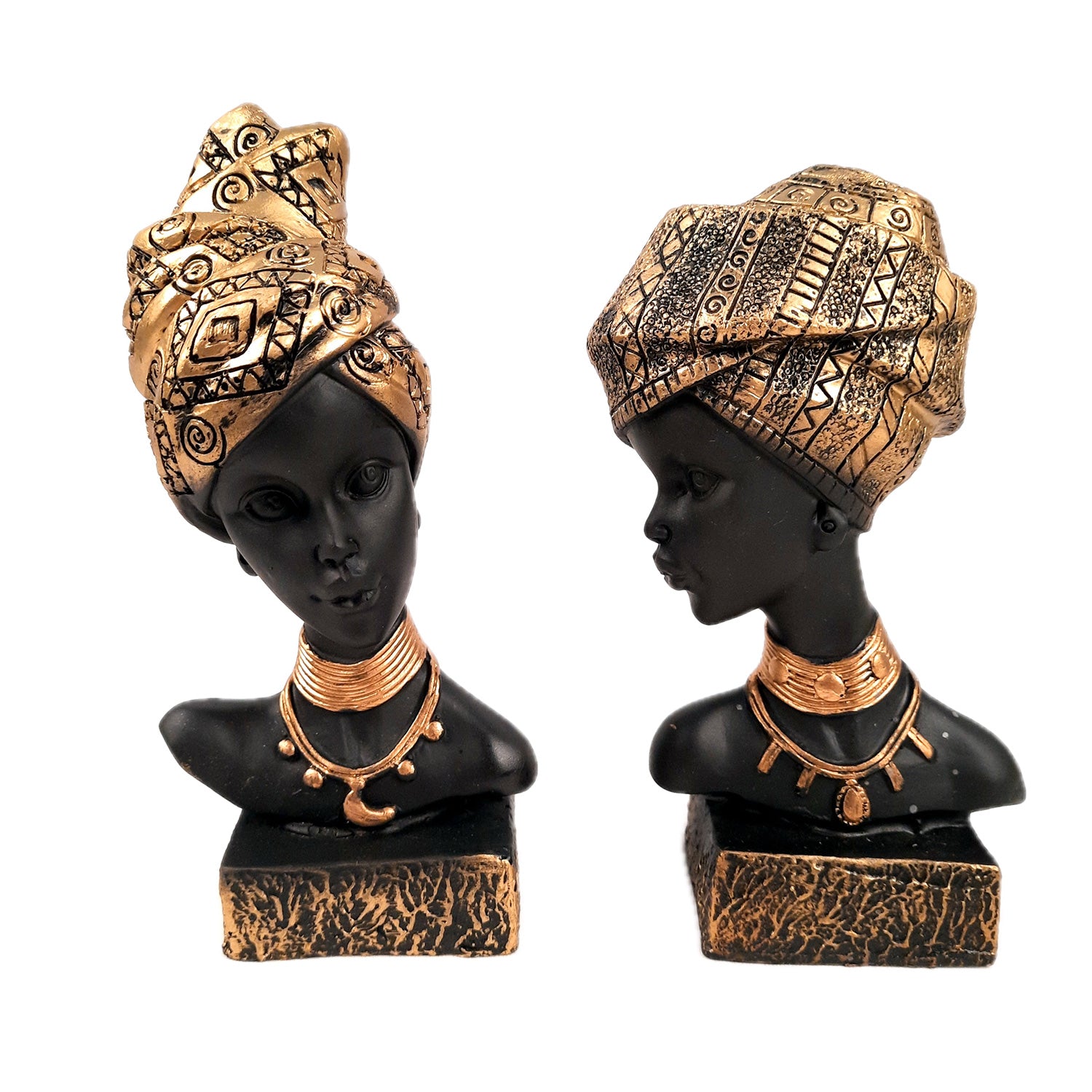 African Woman Statue Showpiece | Tribal Lady Bust Sculpture Figurine - For Home, Living Room, Shelf, Table, Desk Decor & Gifts - 8 Inch (Pack of 2) - Apkamart #Color_Gold