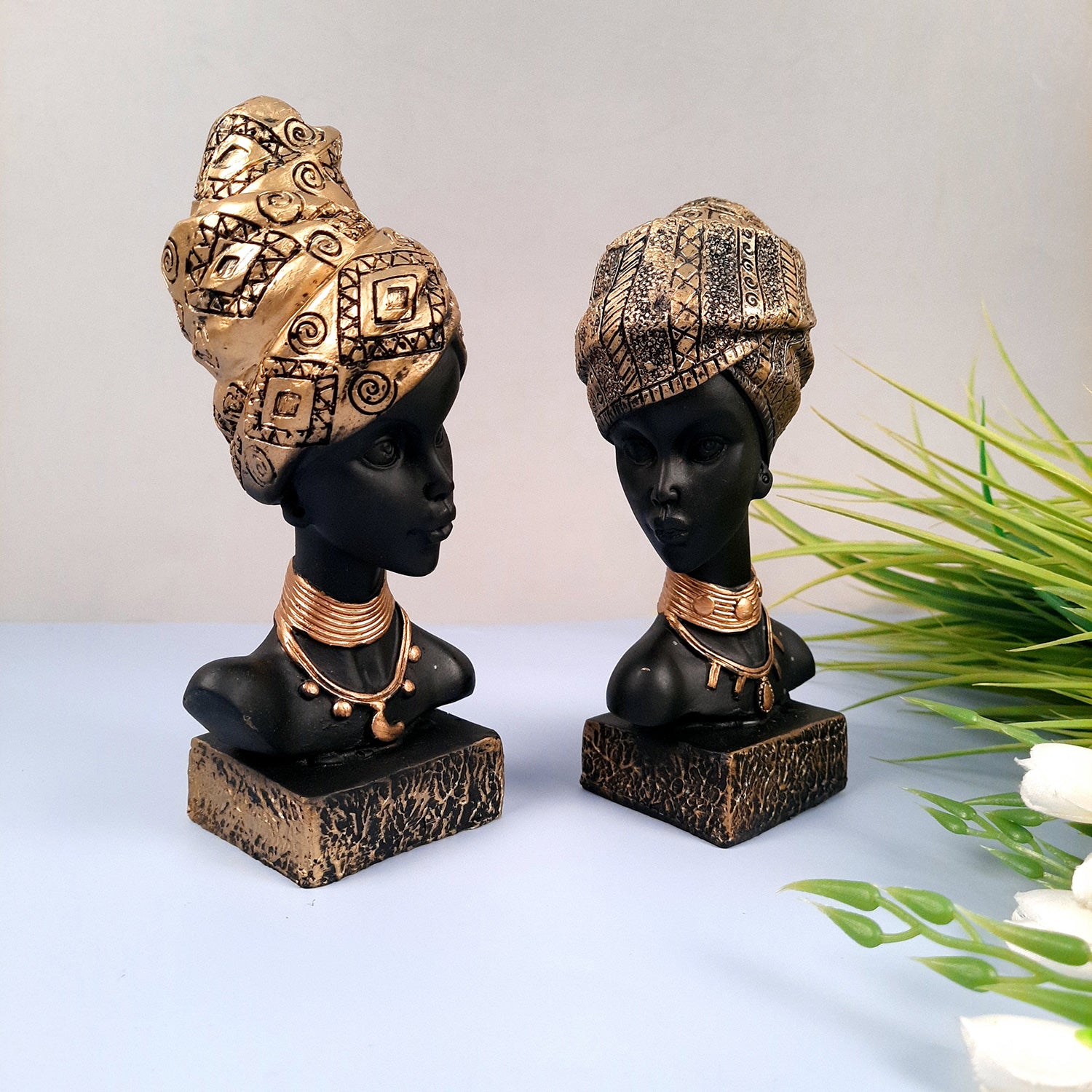 African Woman Statue Showpiece | Tribal Lady Bust Sculpture Figurine - For Home, Living Room, Shelf, Table, Desk Decor & Gifts - 8 Inch (Pack of 2) - Apkamart #Color_Gold