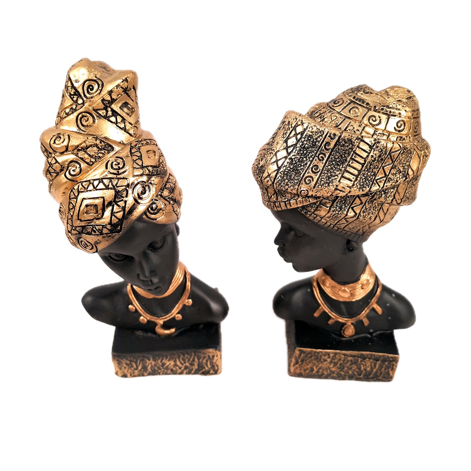 African Woman Statue Showpiece | Tribal Lady Bust Sculpture Figurine - For Home, Living Room, Shelf, Table, Desk Decor & Gifts - 8 Inch (Pack of 2) - Apkamart #Color_Gold