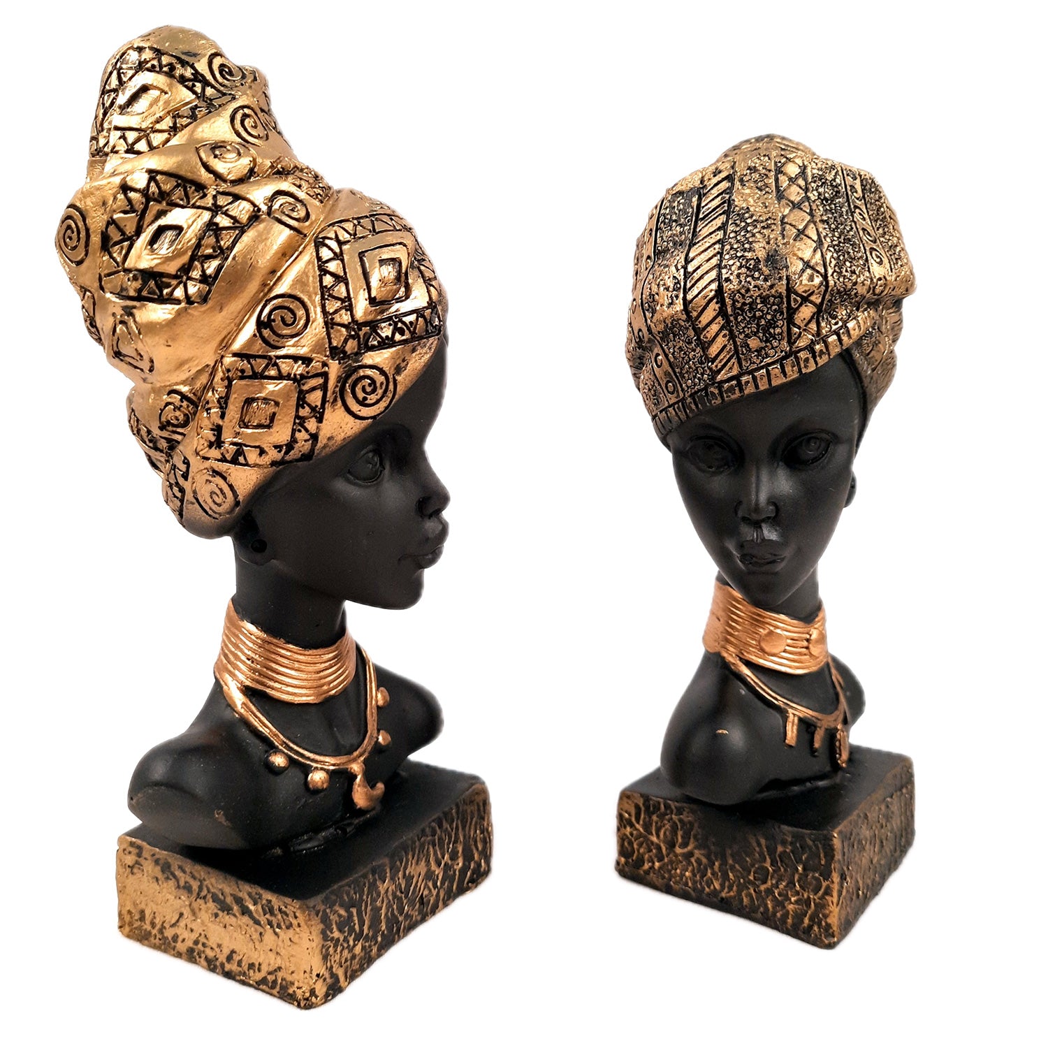 African Woman Statue Showpiece | Tribal Lady Bust Sculpture Figurine - For Home, Living Room, Shelf, Table, Desk Decor & Gifts - 8 Inch (Pack of 2) - Apkamart #Color_Gold