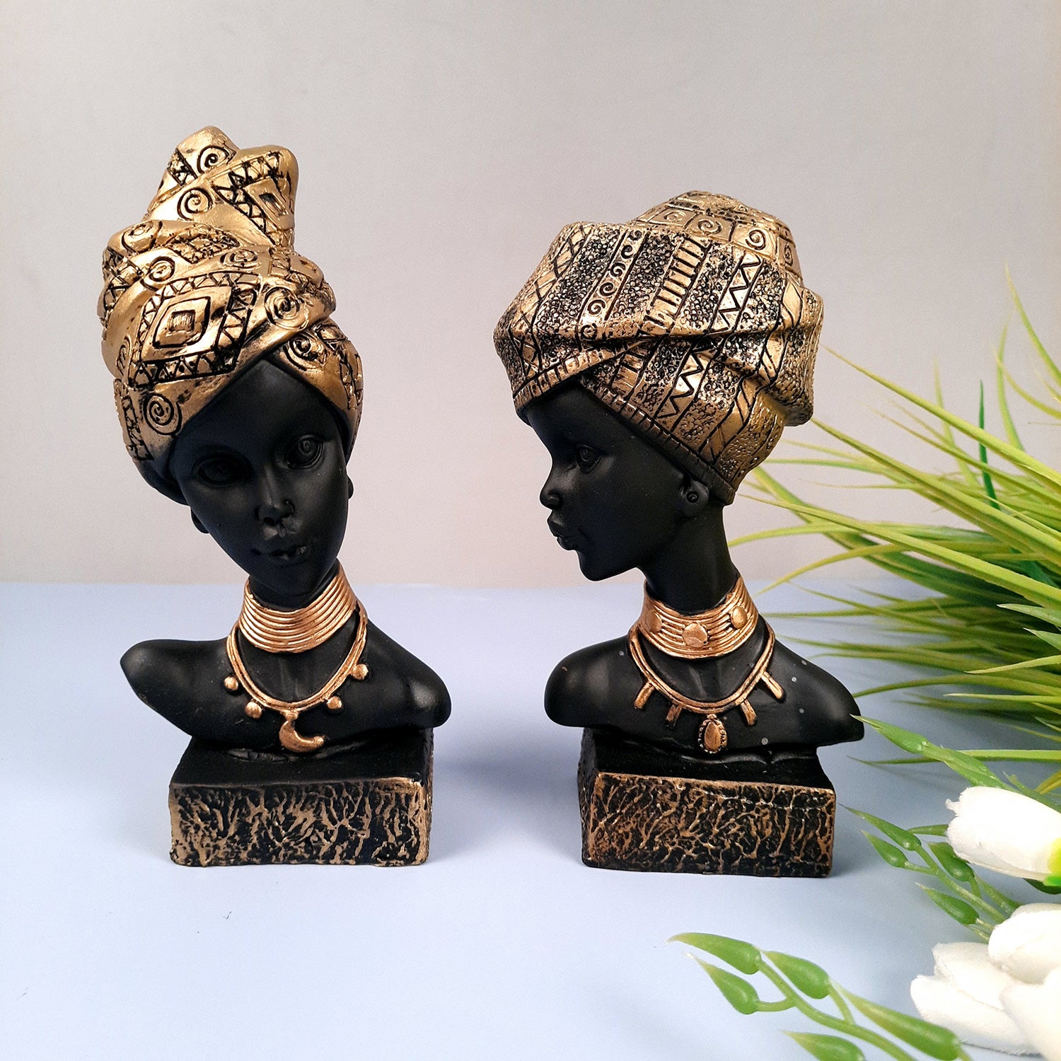 African Woman Statue Showpiece | Tribal Lady Bust Sculpture Figurine - For Home, Living Room, Shelf, Table, Desk Decor & Gifts - 8 Inch (Pack of 2) - Apkamart #Color_Gold