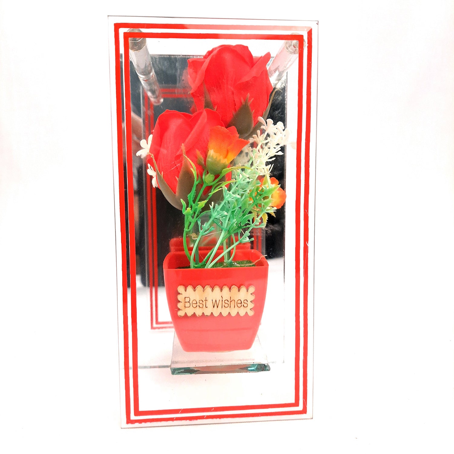 Flower Pot Showpiece Enclosed in Mirror Panels - For Home, Table, Shelf, Office Decor & Gifts - 8 Inch - apkamart #style_style 2