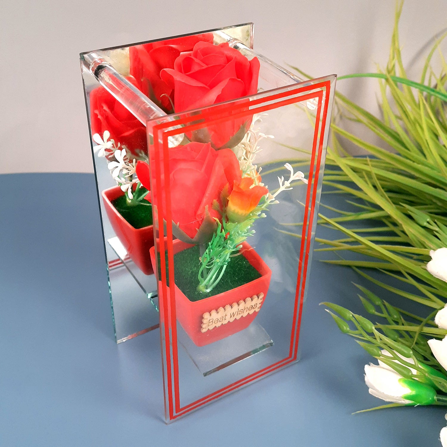 Flower Pot Showpiece Enclosed in Mirror Panels - For Home, Table, Shelf, Office Decor & Gifts - 8 Inch - apkamart #style_style 2