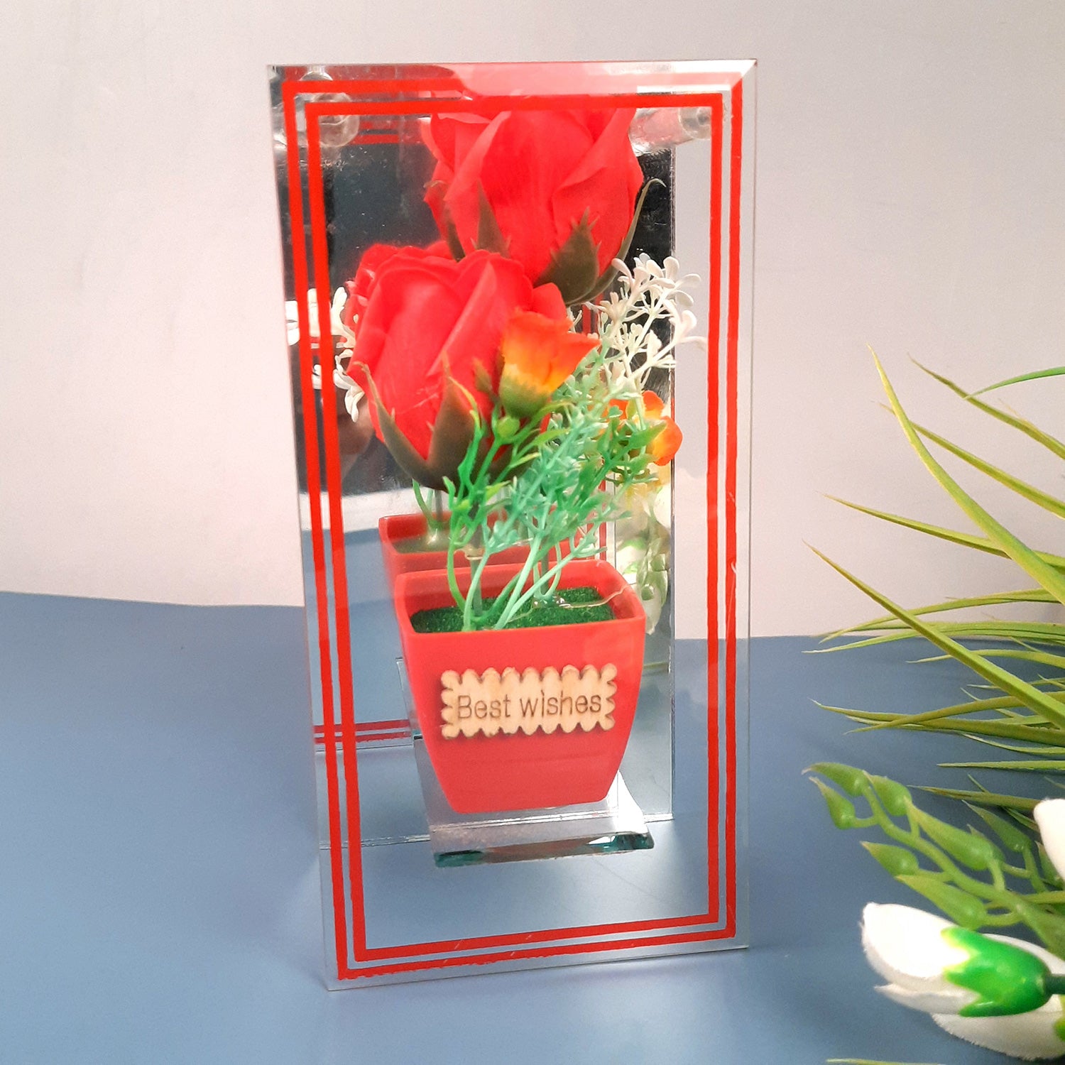 Flower Pot Showpiece Enclosed in Mirror Panels - For Home, Table, Shelf, Office Decor & Gifts - 8 Inch - apkamart #style_style 2