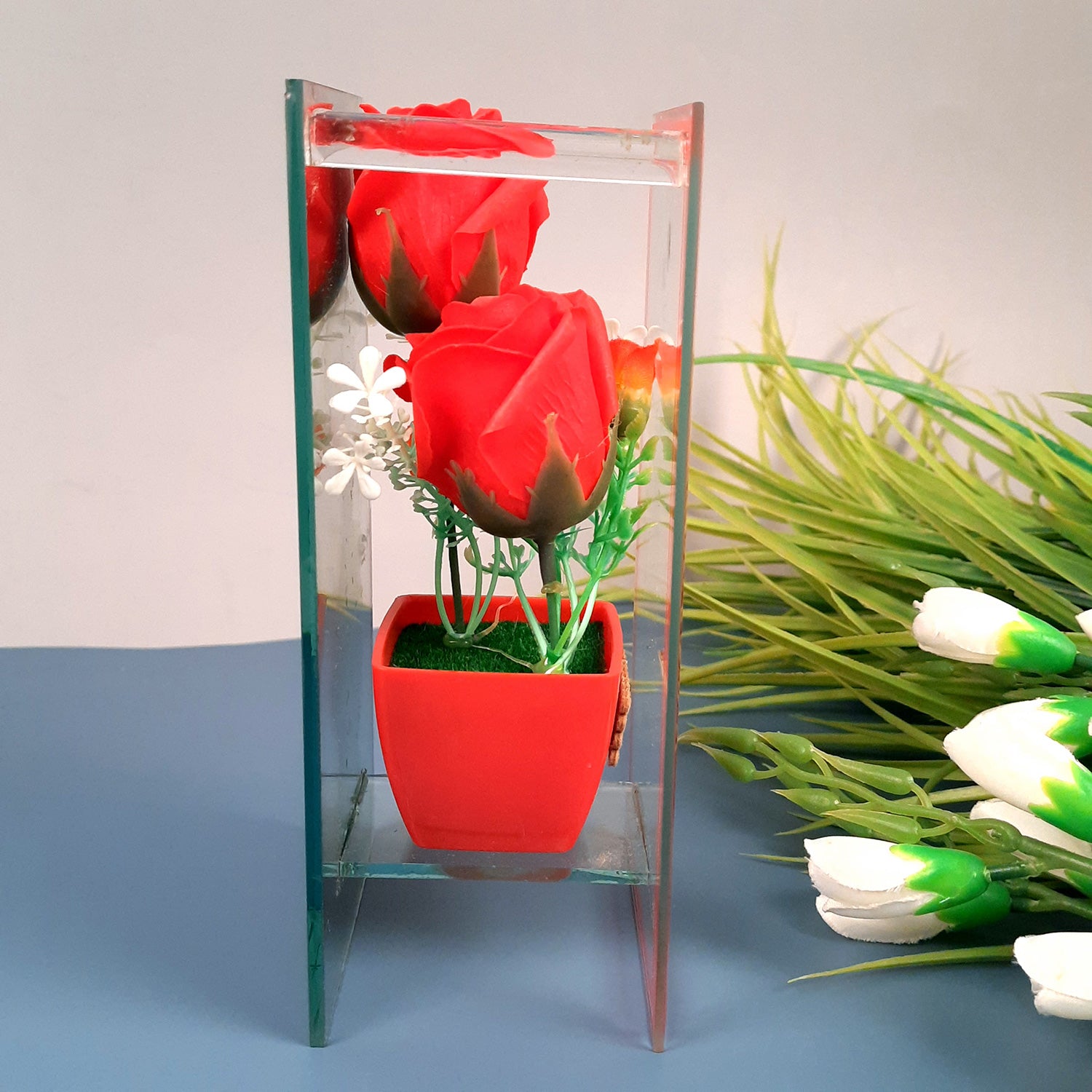 Flower Pot Showpiece Enclosed in Mirror Panels - For Home, Table, Shelf, Office Decor & Gifts - 8 Inch - apkamart #style_style 2