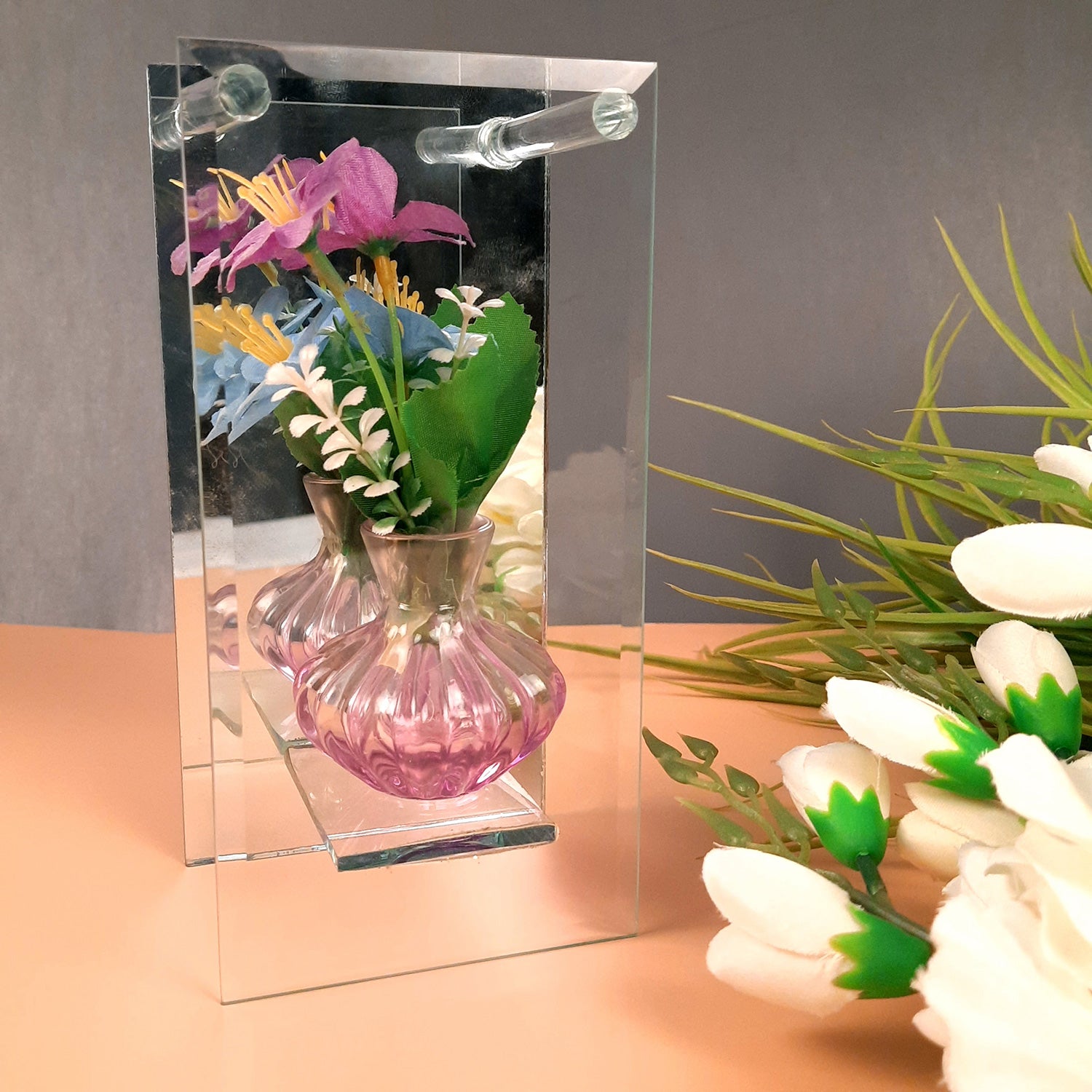 Decorative Vase Showpiece Displayed Between Glass Front and Mirror Back - For Home, Table, Shelf, Office Decor & Gifts - apkamart #Style_style 3