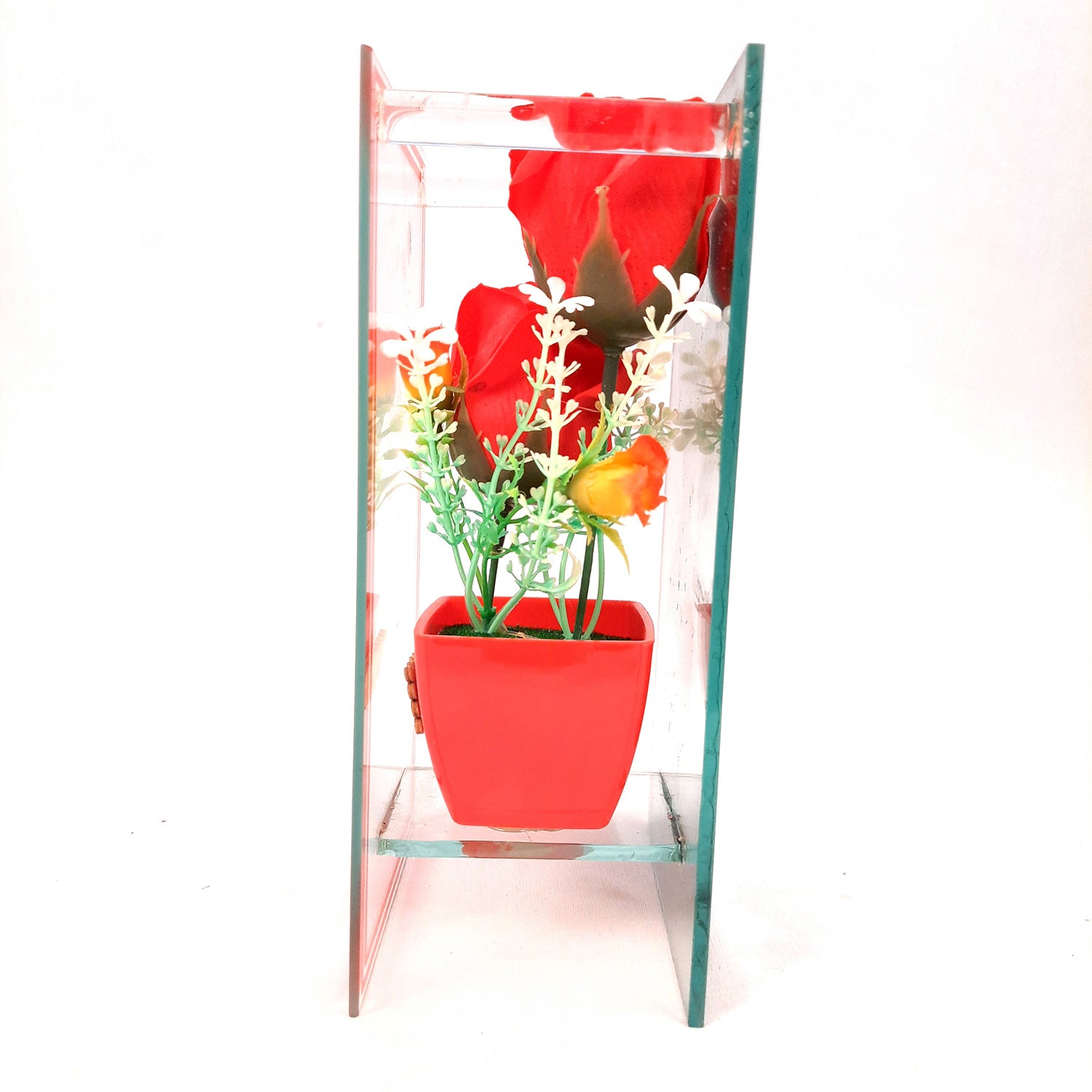 Flower Pot Showpiece Enclosed in Mirror Panels - For Home, Table, Shelf, Office Decor & Gifts - 8 Inch - apkamart #style_style 2