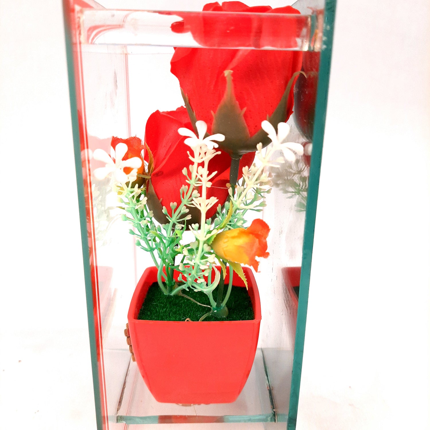 Flower Pot Showpiece Enclosed in Mirror Panels - For Home, Table, Shelf, Office Decor & Gifts - 8 Inch - apkamart #style_style 2