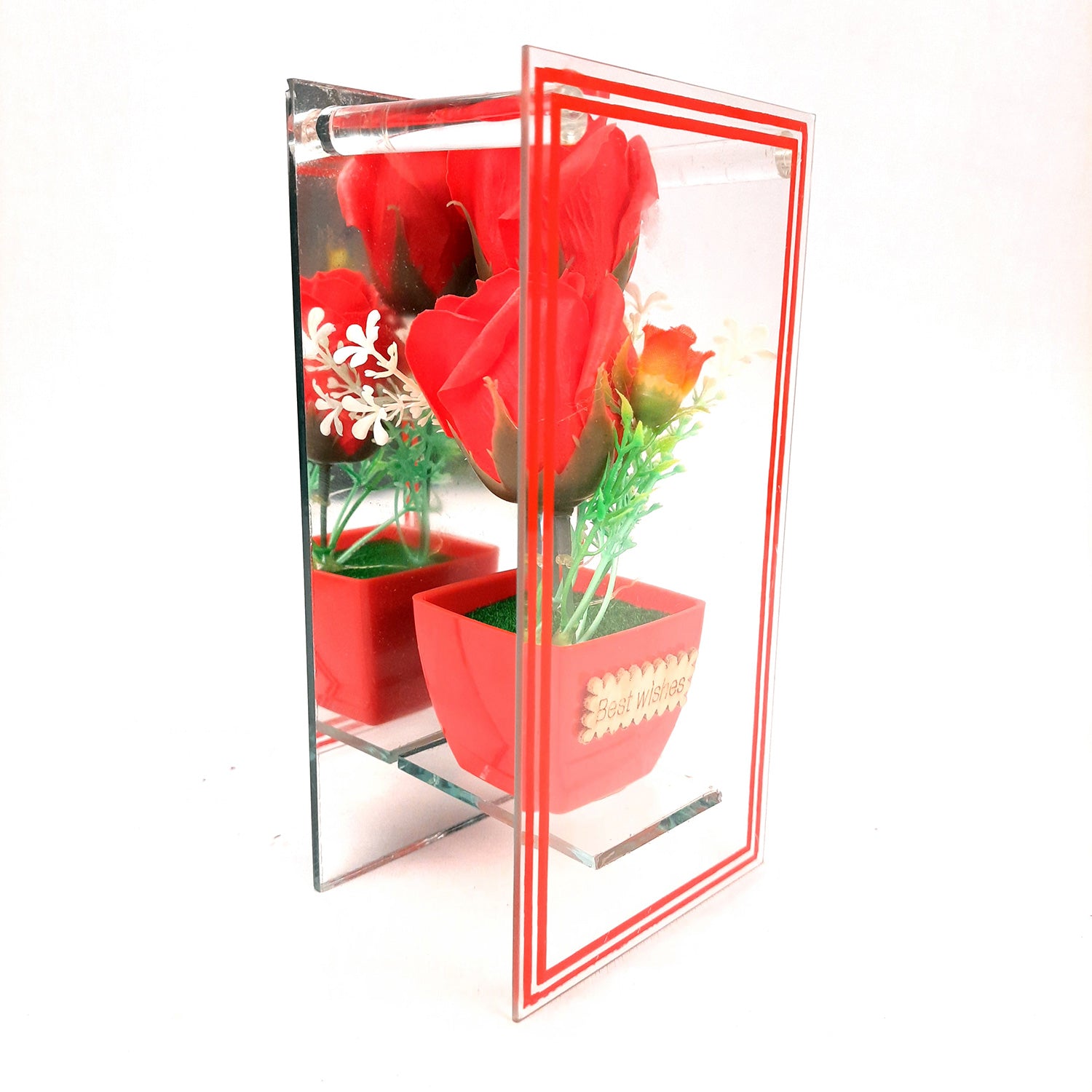 Flower Pot Showpiece Enclosed in Mirror Panels - For Home, Table, Shelf, Office Decor & Gifts - 8 Inch - apkamart #style_style 2