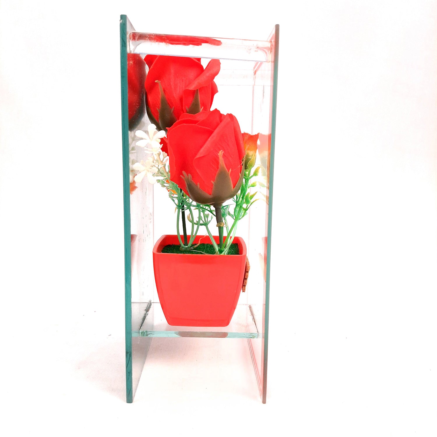 Flower Pot Showpiece Enclosed in Mirror Panels - For Home, Table, Shelf, Office Decor & Gifts - 8 Inch - apkamart #style_style 2