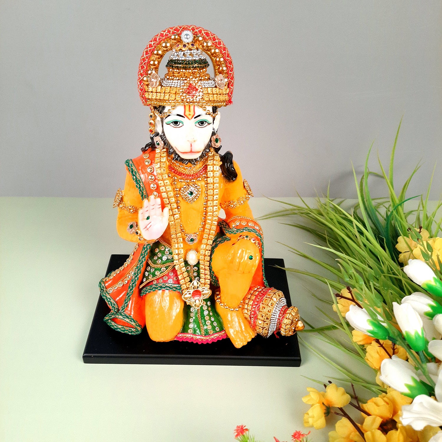 Hanuman Ji Statue Idol | Bajrang Bali Kesari Murti With Beads & Stone Work - for Home, Puja, Living Room, Entrance Decor & Gifts - 13 Inch