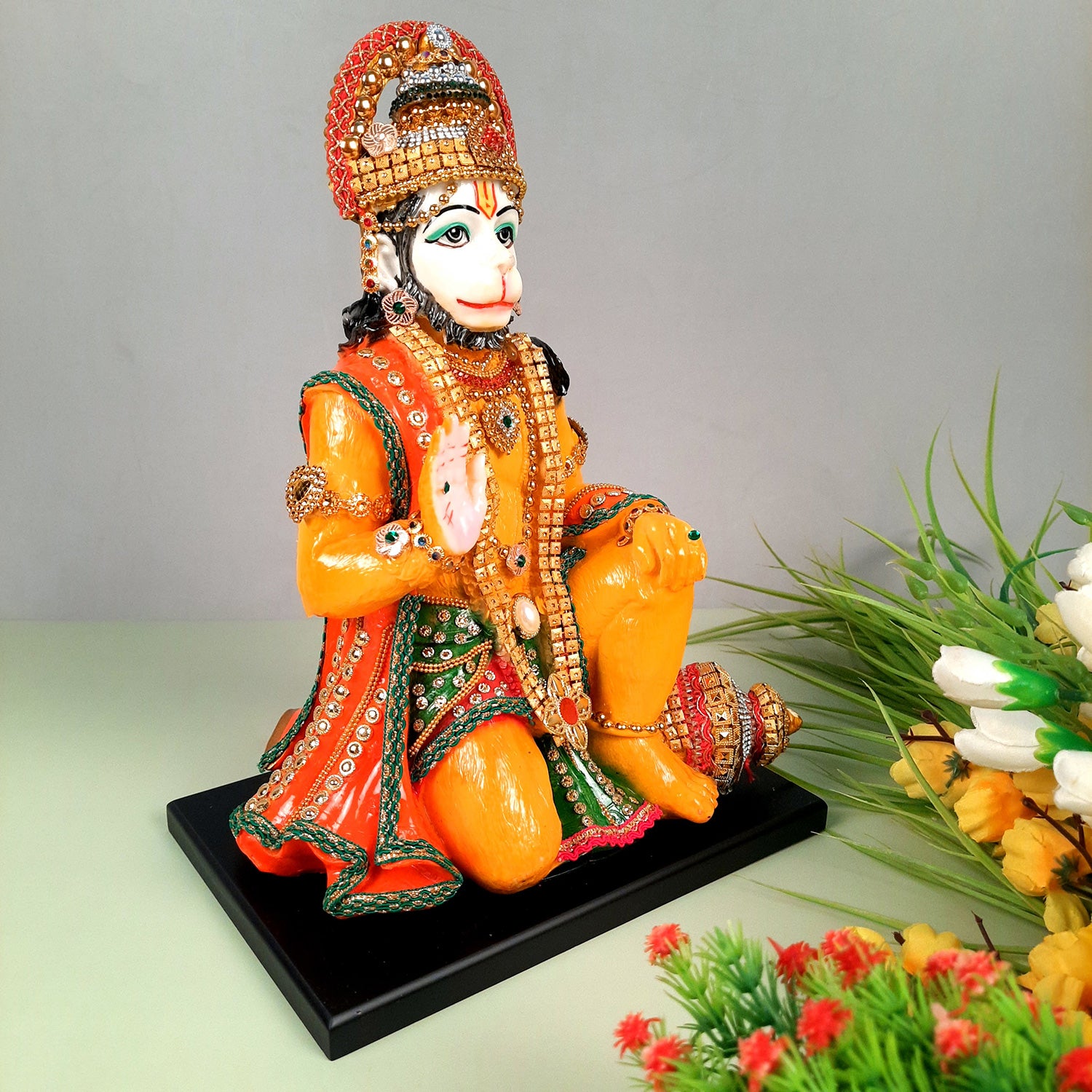 Hanuman Ji Statue Idol | Bajrang Bali Kesari Murti With Beads & Stone Work - for Home, Puja, Living Room, Entrance Decor & Gifts - 13 Inch