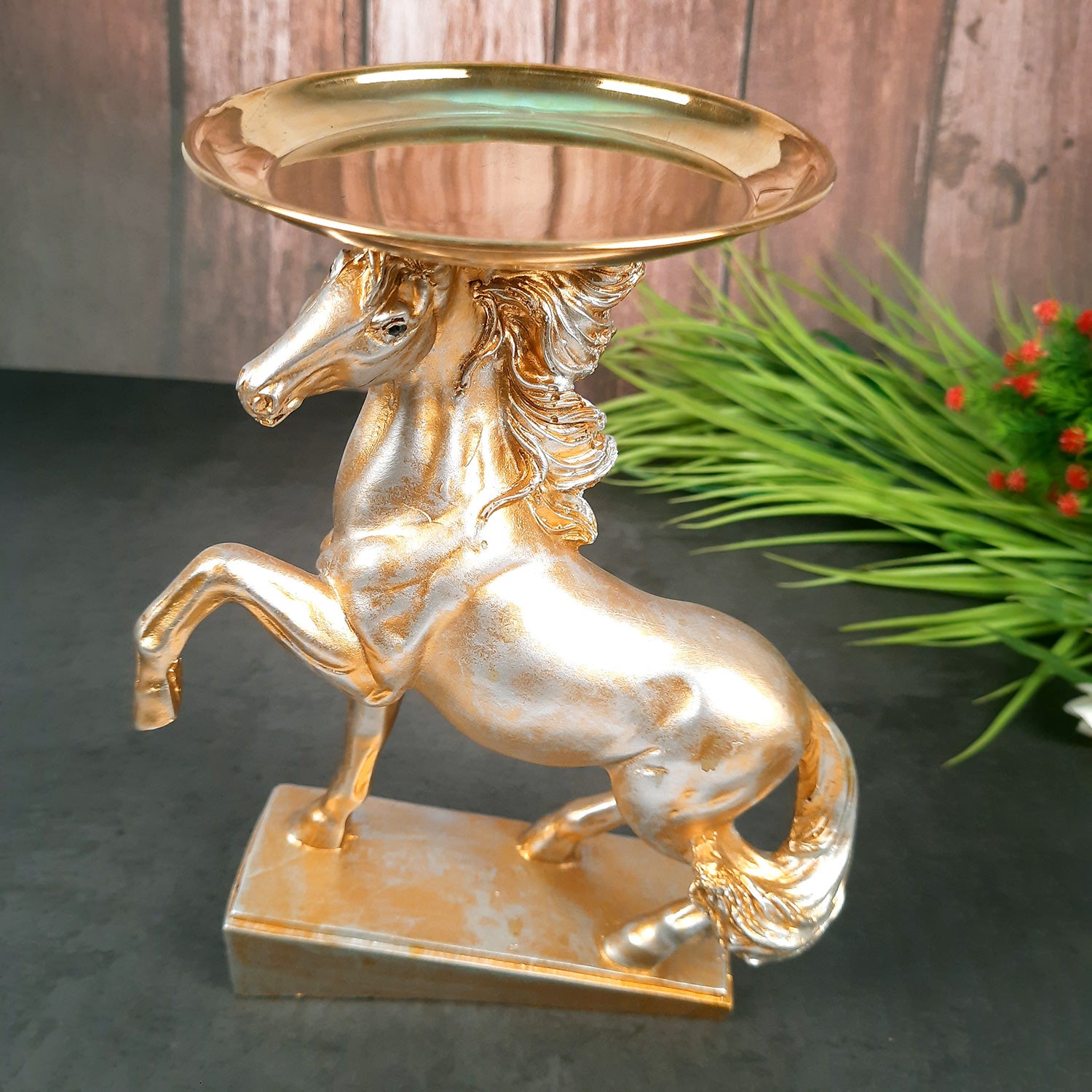 Horse Statue With Detachable Tray For Keeping Small Plant / Chocolates | Horse Showpiece - for Home, Table, Shelf, Good Luck, Vastu & Office Desk Decor - 10 Inch - Apkamart