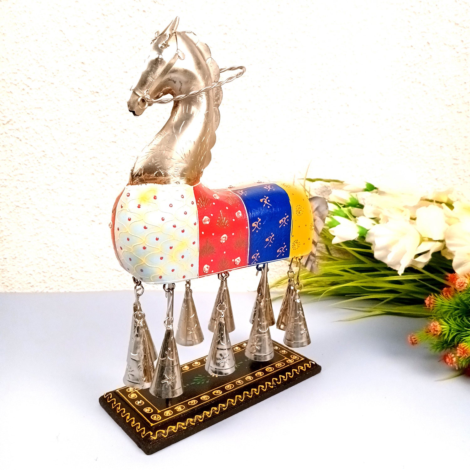 Horse Showpiece With Hanging Bells | Decorative Horse Figurine-  for Feng Shui, Vastu, Home Decor, Table, Living Room Decoration & Gift- 13 Inch - Apkamart