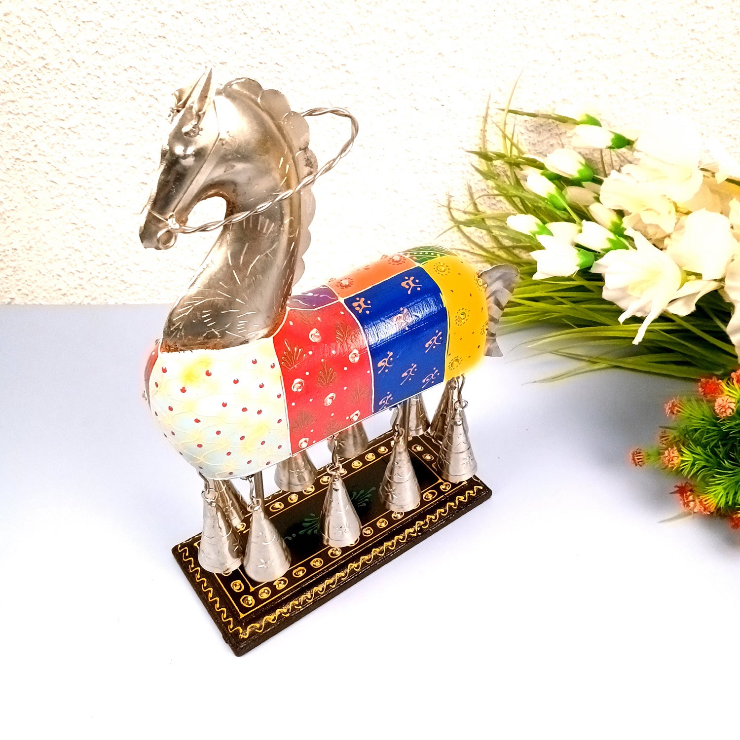 Horse Showpiece With Hanging Bells | Decorative Horse Figurine-  for Feng Shui, Vastu, Home Decor, Table, Living Room Decoration & Gift- 13 Inch - Apkamart