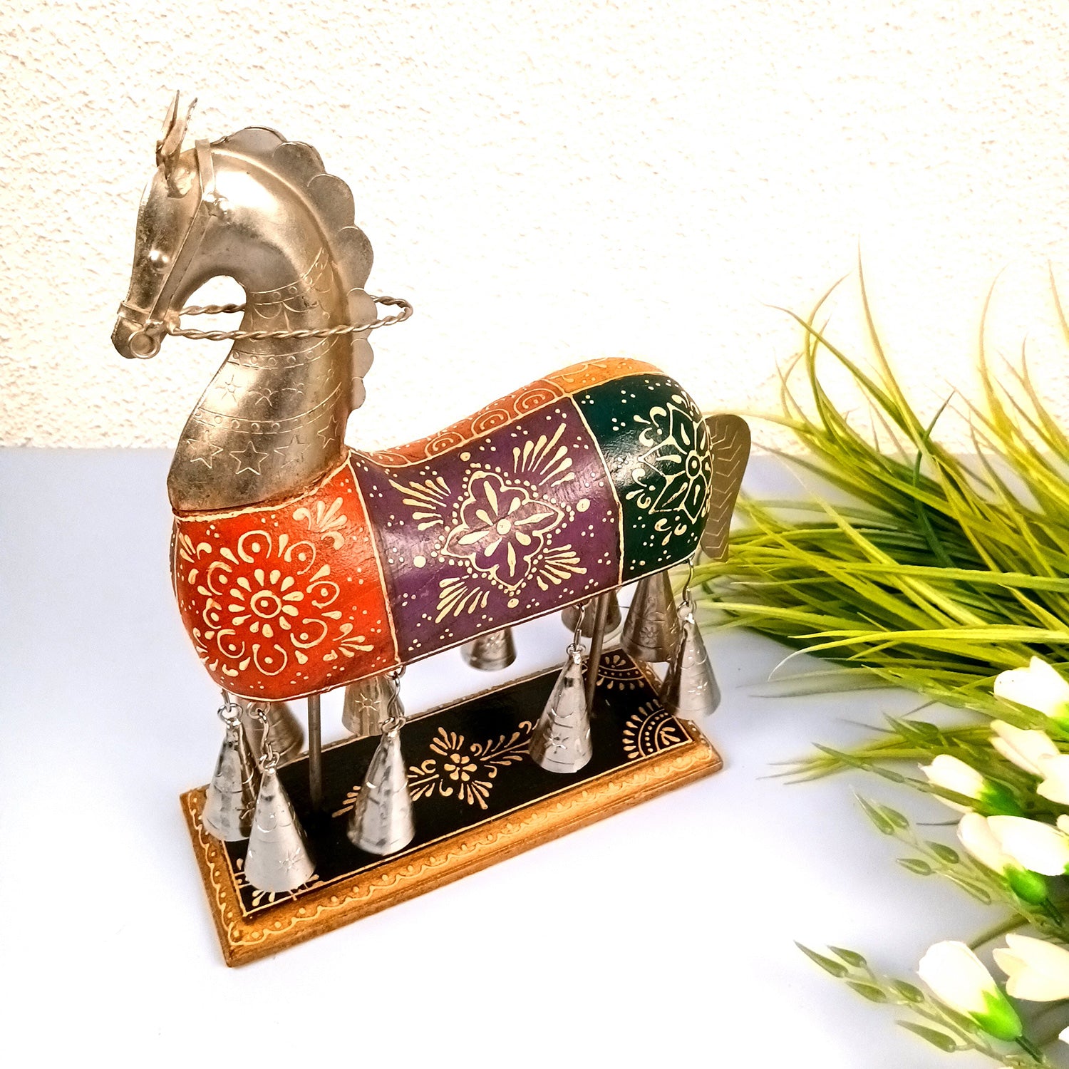 Horse Showpiece With Hanging Bells | Decorative Horse Figurine-  for Feng Shui, Vastu, Home Decor, Table, Living Room Decoration & Gift - 13 Inch - Apkamart