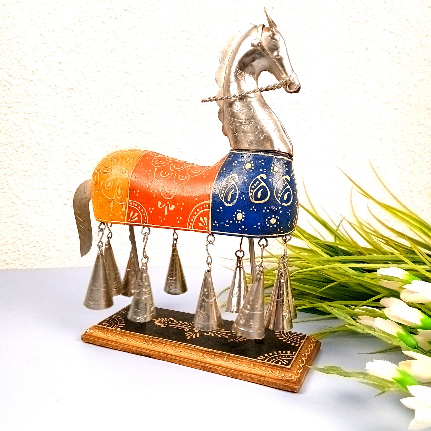 Horse Showpiece With Hanging Bells | Decorative Horse Figurine-  for Feng Shui, Vastu, Home Decor, Table, Living Room Decoration & Gift - 13 Inch - Apkamart