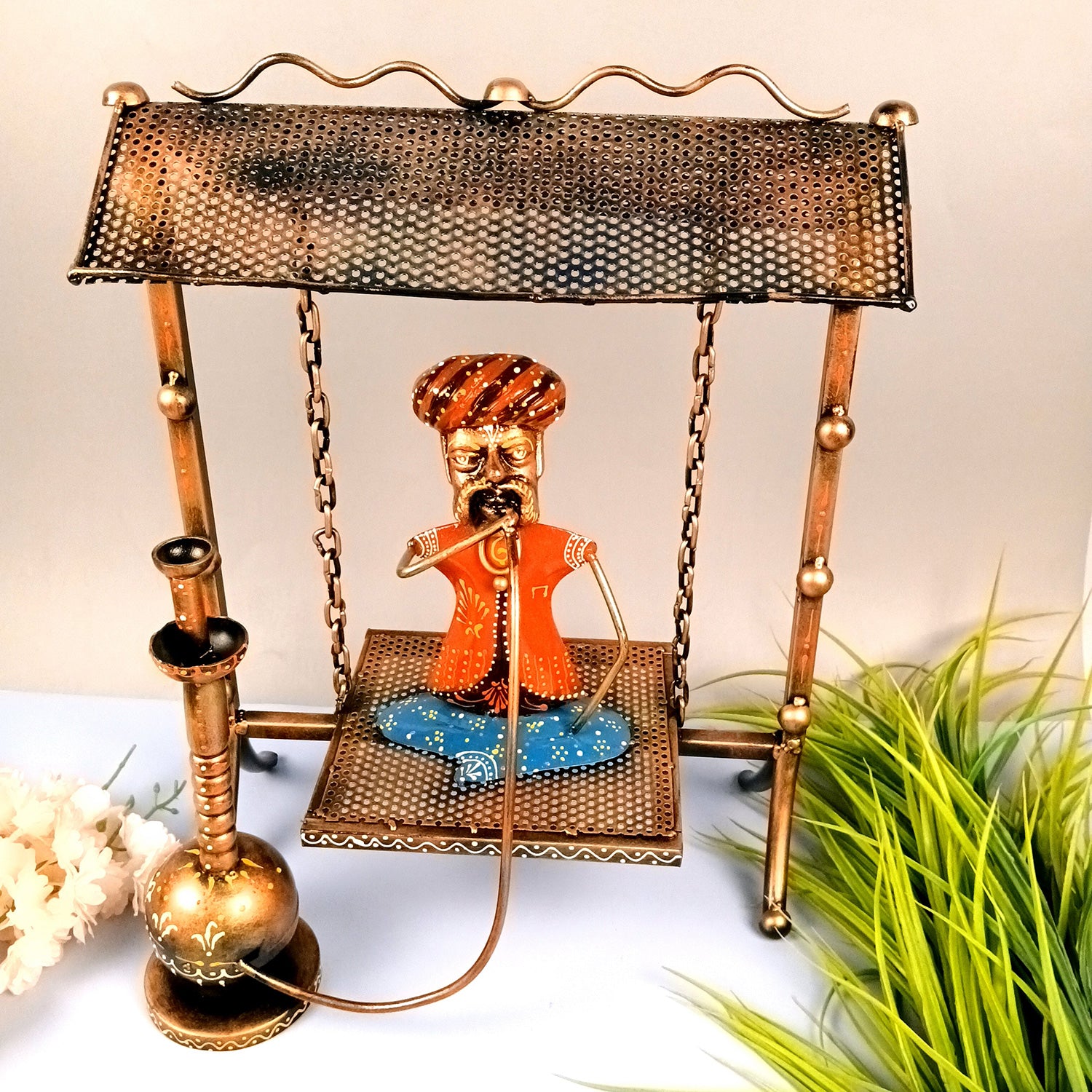 Village Man with Hukka Showpiece | Men Sitting On Swing With Hookah Figurine - for Home, Bedroom, Living Room, Office Desk & Bar Decor - 17 Inch - Apkamart