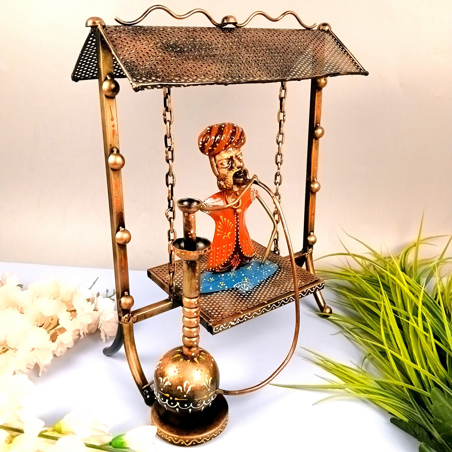 Village Man with Hukka Showpiece | Men Sitting On Swing With Hookah Figurine - for Home, Bedroom, Living Room, Office Desk & Bar Decor - 17 Inch - Apkamart