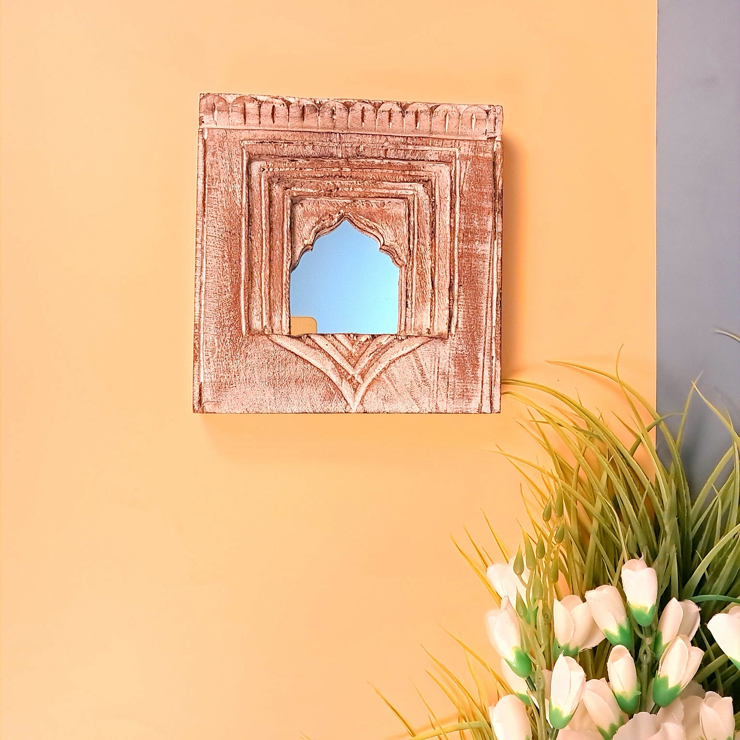 Wooden Jharokha Frame With Mirror Wall Hanging | Antique Finished Handcrafted Rustic Mirror Jharokha - Home, Wall Decor, Living room, Entrance Decoration & Gifts - 8 Inch - Apkamart #Color_White