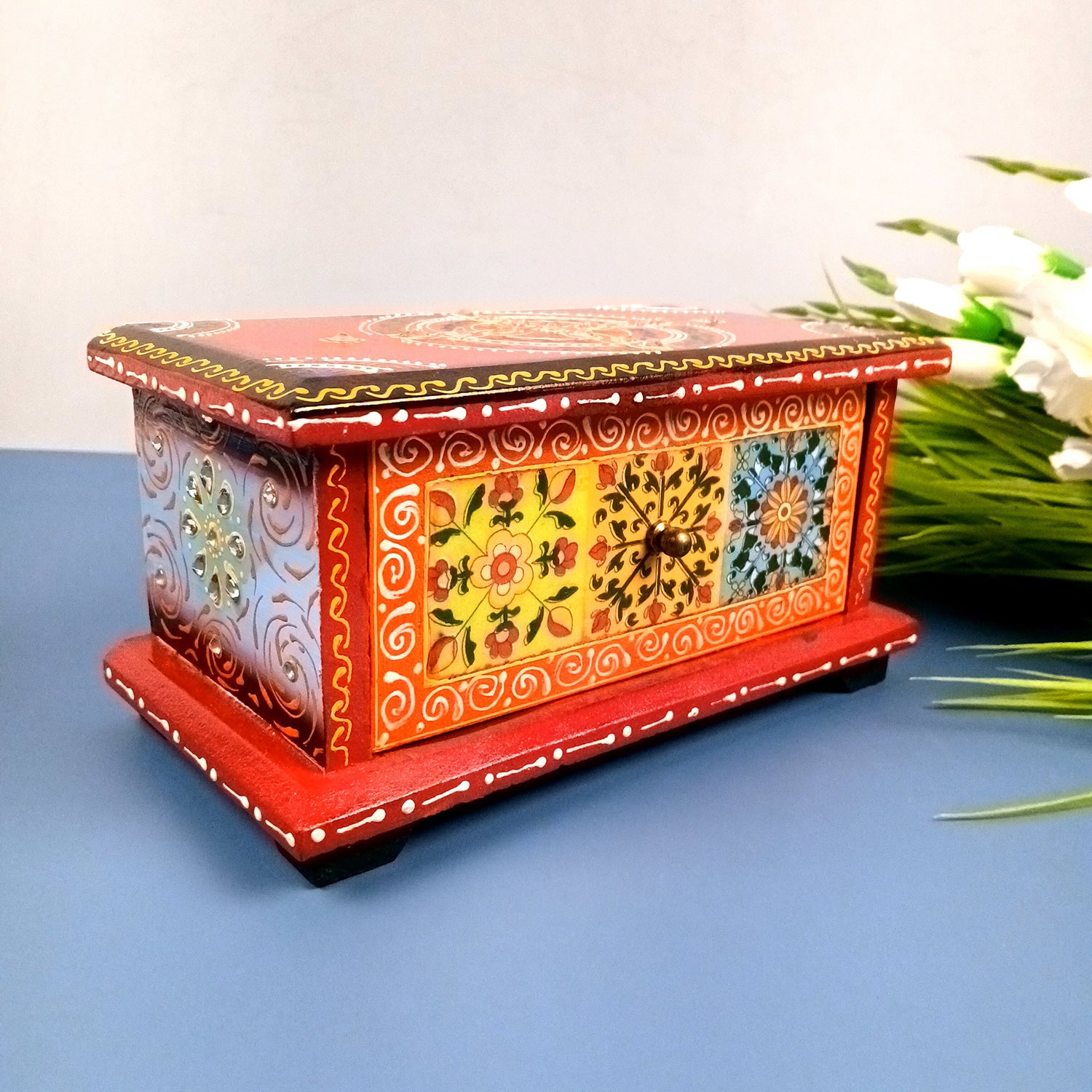 Jewellery Box | Wooden Jewelry Box With Ceramic Tiles | Decorative Multi-Purpose Storage Box - For Earring, Necklace & Gifts - 8 Inch (Wood, Multicolor)