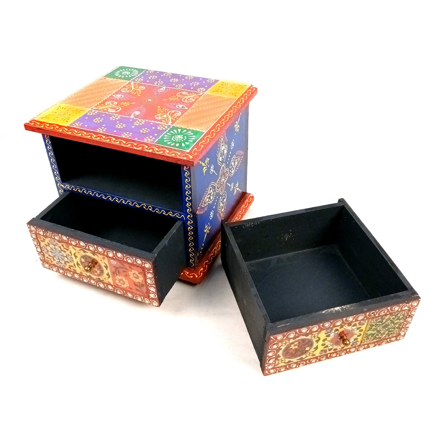 Jewellery Box | Wooden Jewelry Box With 2 Drawers - Ceramic Tiles & Extensive Kundan Detailing Work - For Home, Table, Organizing Earring, Rings, Necklace & Gifts - 9 Inch - Apkamart