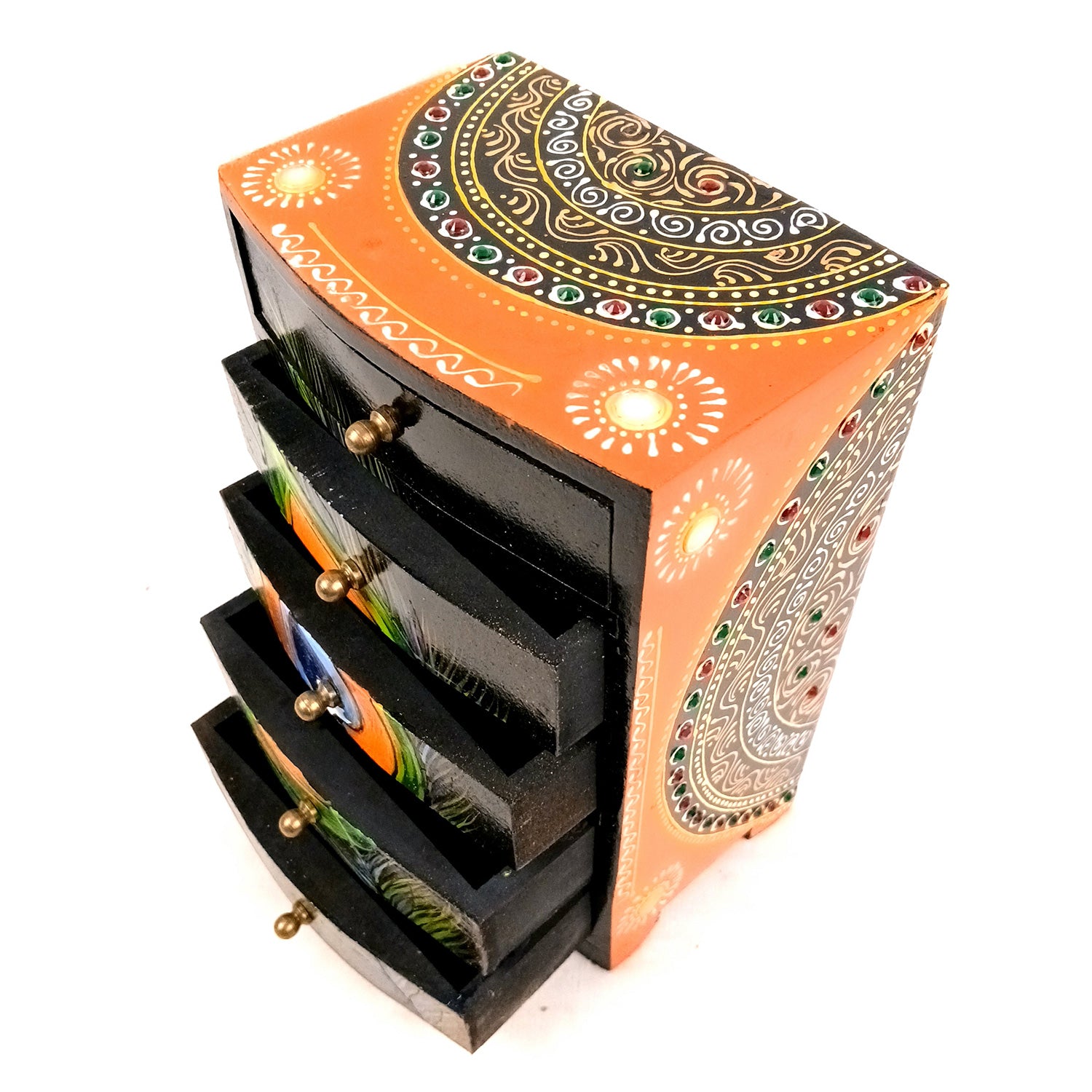 Jewellery Box | Wooden Jewelry Box With 5 Drawers - Hand Painted With Beautiful Detailing Work - For Home, Table, Organizing Earring, Rings, Necklace & Gifts - 9 Inch - apkamart