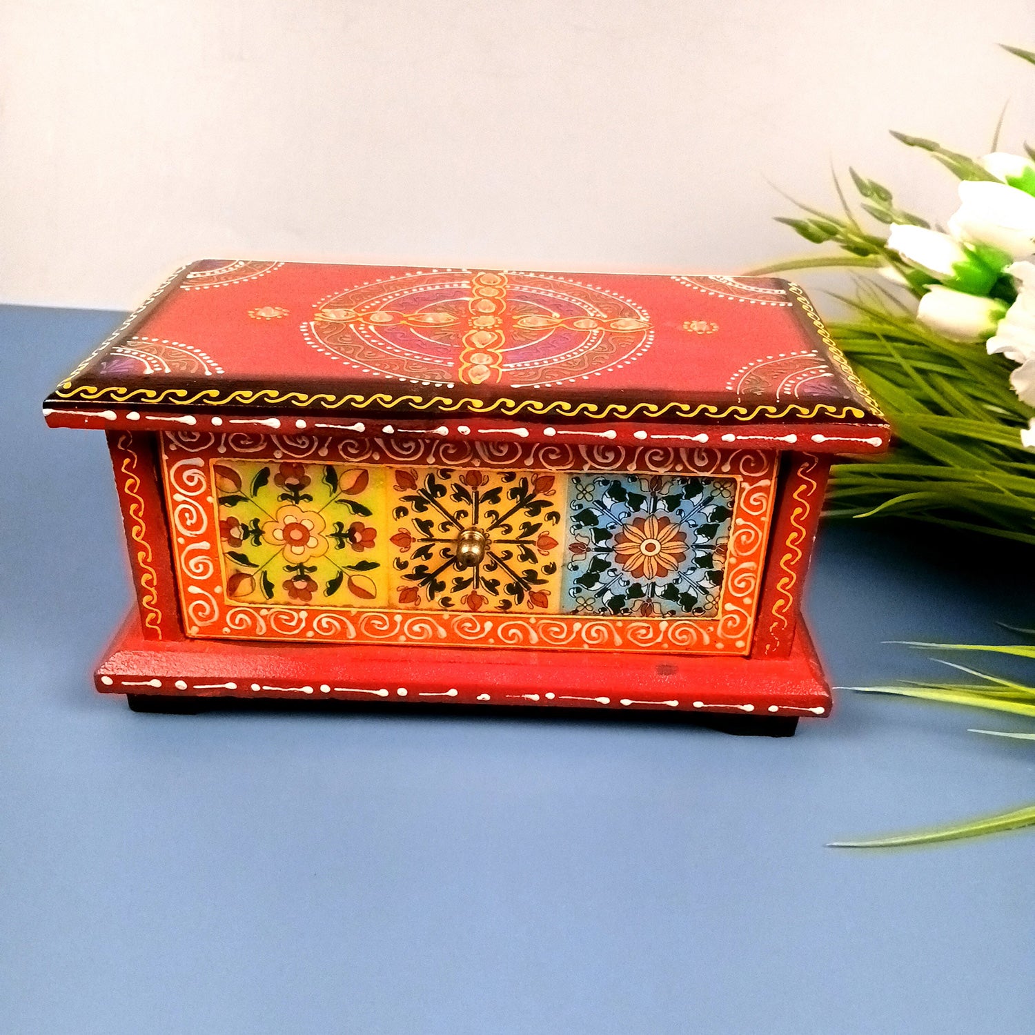 Jewellery Box | Wooden Jewelry Box With Ceramic Tiles | Decorative Multi-Purpose Storage Box - For Earring, Necklace & Gifts - 8 Inch (Wood, Multicolor)