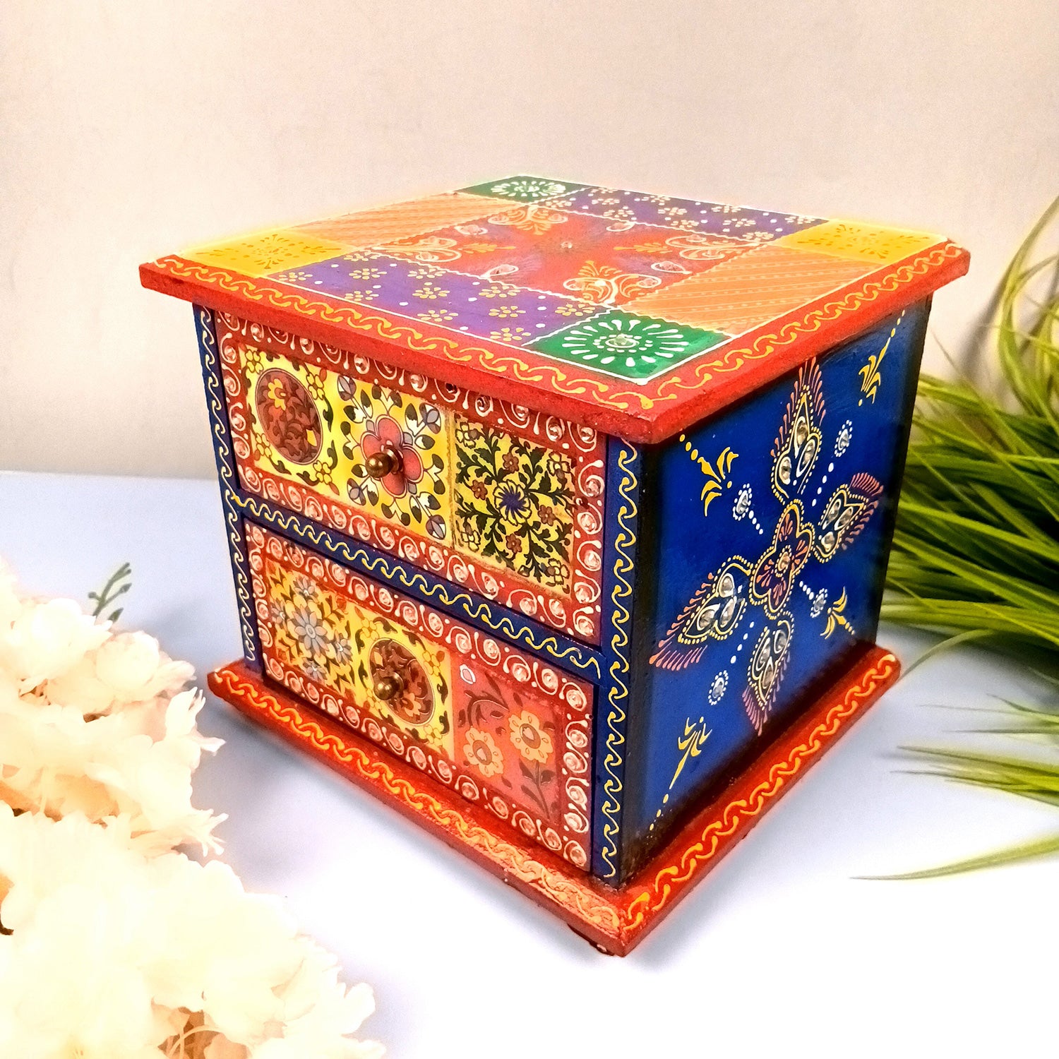 Jewellery Box | Wooden Jewelry Box With 2 Drawers - Ceramic Tiles & Extensive Kundan Detailing Work - For Home, Table, Organizing Earring, Rings, Necklace & Gifts - 9 Inch - Apkamart