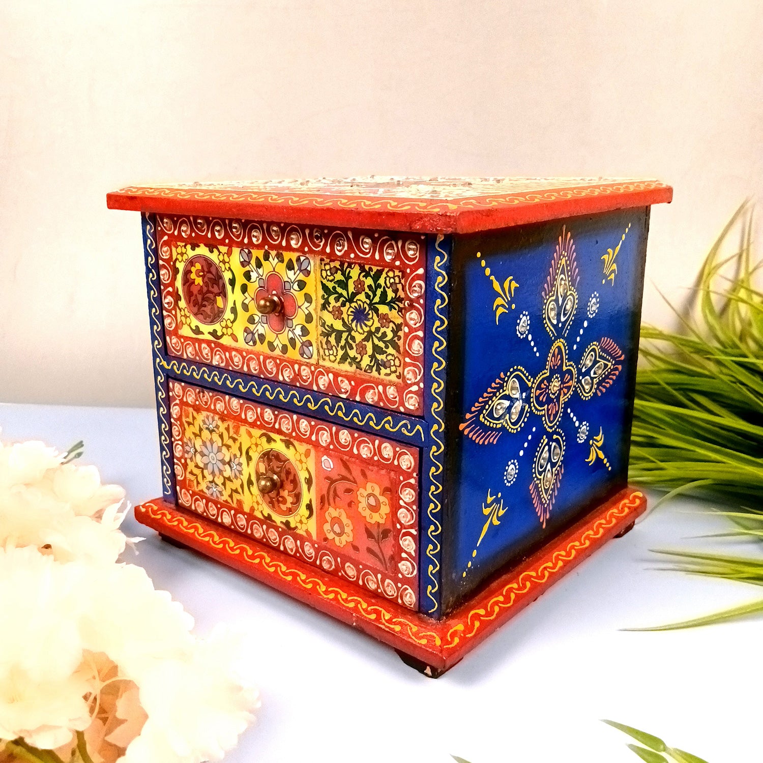 Jewellery Box | Wooden Jewelry Box With 2 Drawers - Ceramic Tiles & Extensive Kundan Detailing Work - For Home, Table, Organizing Earring, Rings, Necklace & Gifts - 9 Inch - Apkamart