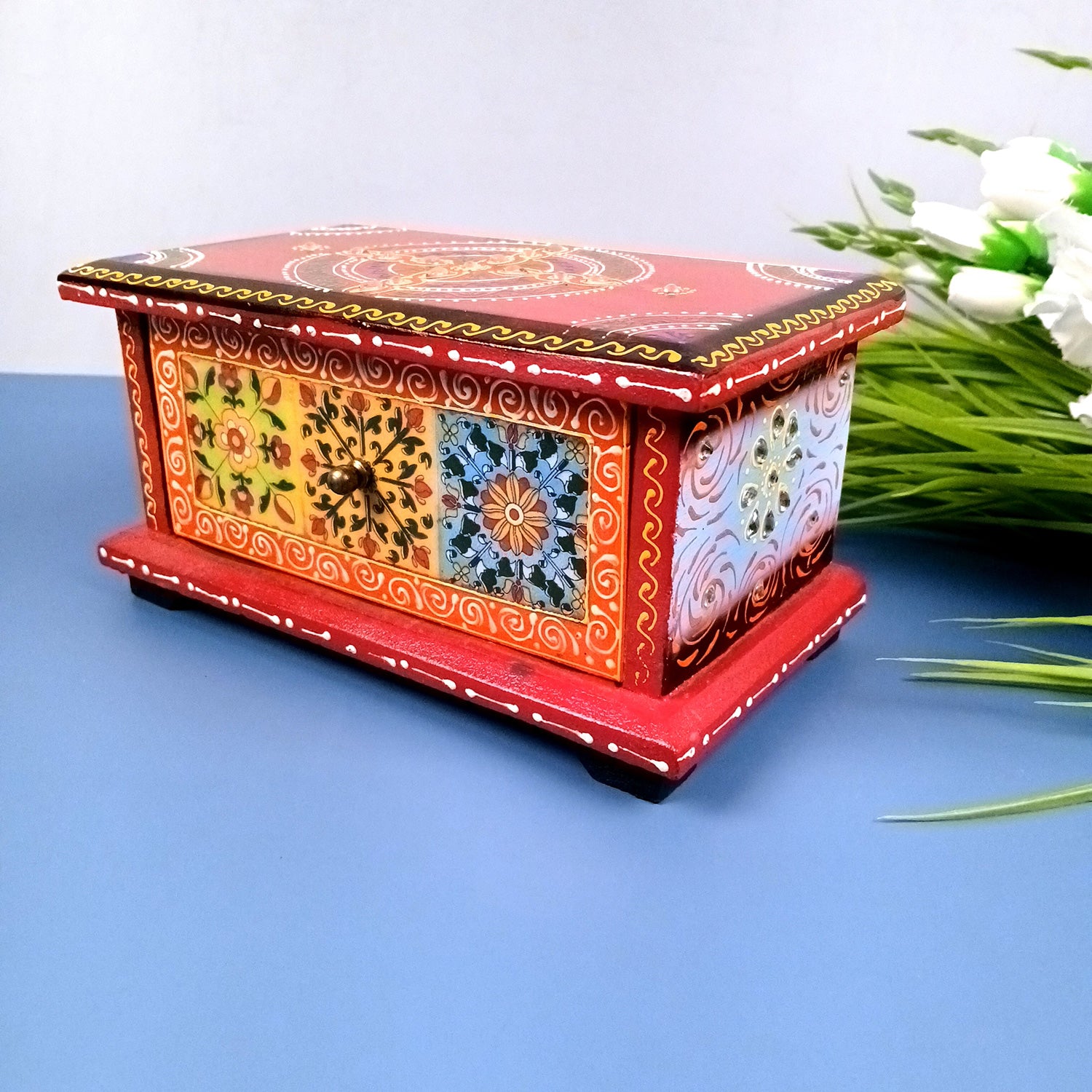 Jewellery Box | Wooden Jewelry Box With Ceramic Tiles | Decorative Multi-Purpose Storage Box - For Earring, Necklace & Gifts - 8 Inch (Wood, Multicolor)