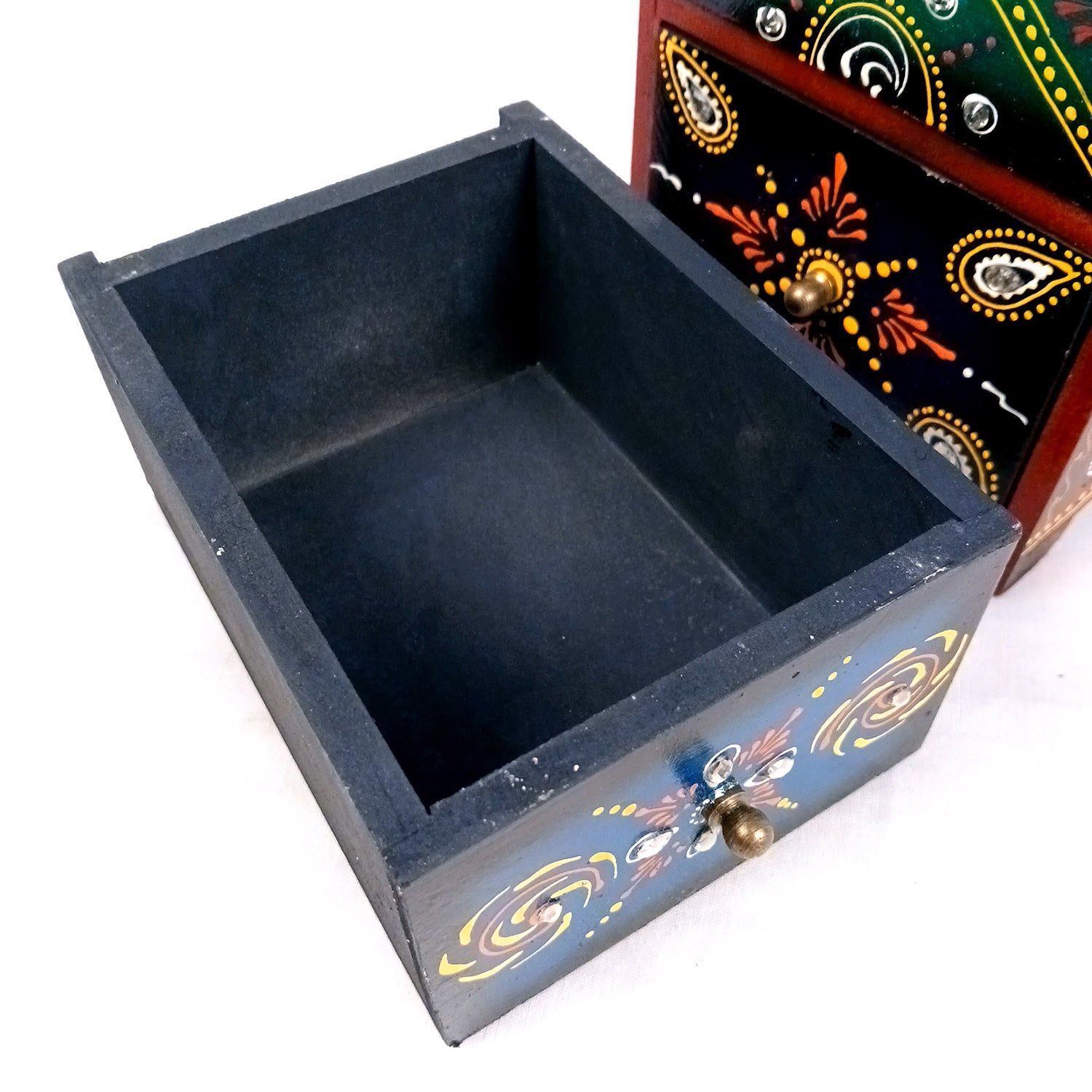 Jewellery Box With 3 Drawers | Wooden Jewelry Box - Beautiful Hand Painting With Kundan Beads Work - For Home, Table, Organizing Earring, Rings, Necklace & Gifts - apkamart #Style_design 2