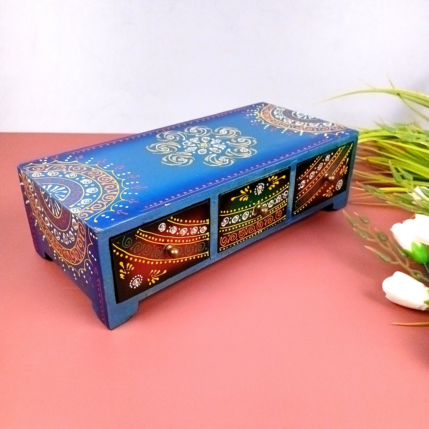 Jewellery Box | Wooden Jewelry Box With 3 Drawers - Beautiful Hand Painting With Kundan Beads Work - For Home, Table, Organizing Earring, Rings, Necklace & Gifts - apkamart