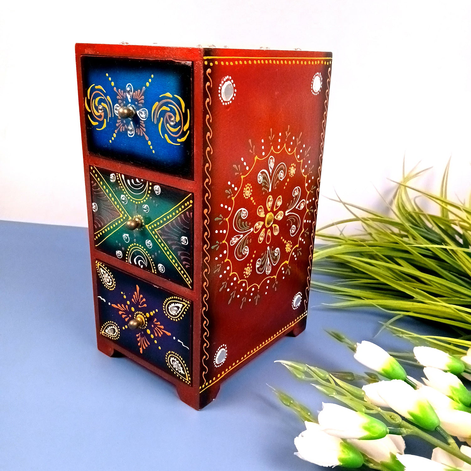 Jewellery Box With 3 Drawers | Wooden Jewelry Box - Beautiful Hand Painting With Kundan Beads Work - For Home, Table, Organizing Earring, Rings, Necklace & Gifts - apkamart #Style_design 2